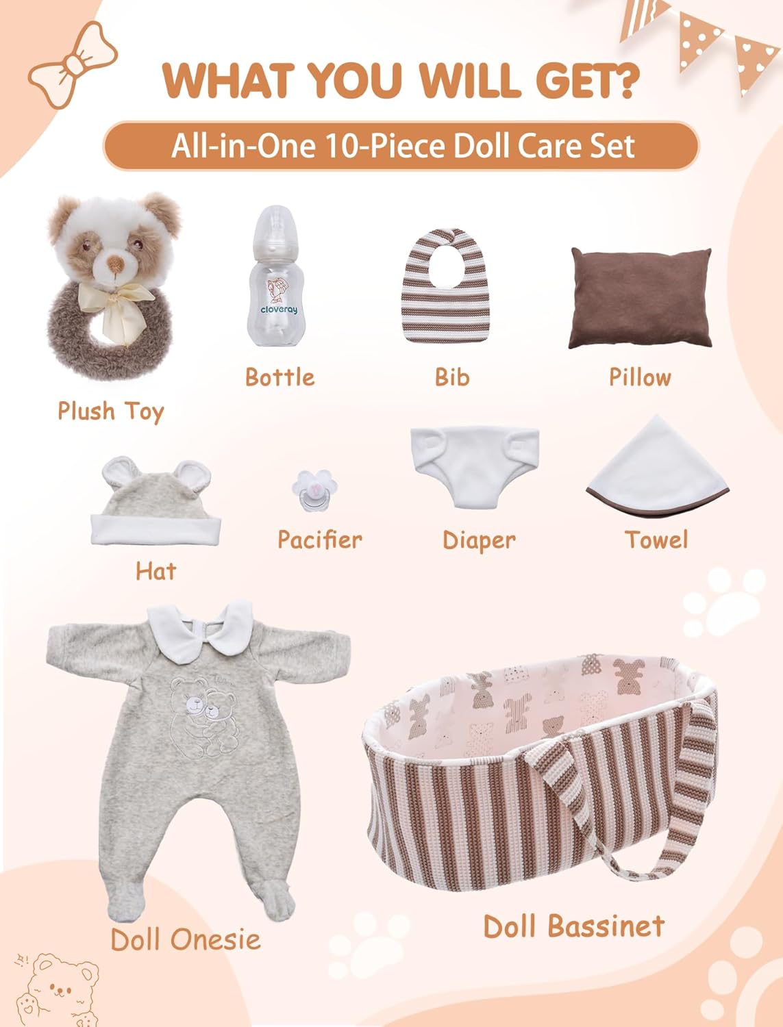 10 Pcs Baby Doll Accessories, Reborn Baby Doll Clothes with Bassinet for 17-22 Inch Realistic Baby Dolls, Pretend Play Outfit Set