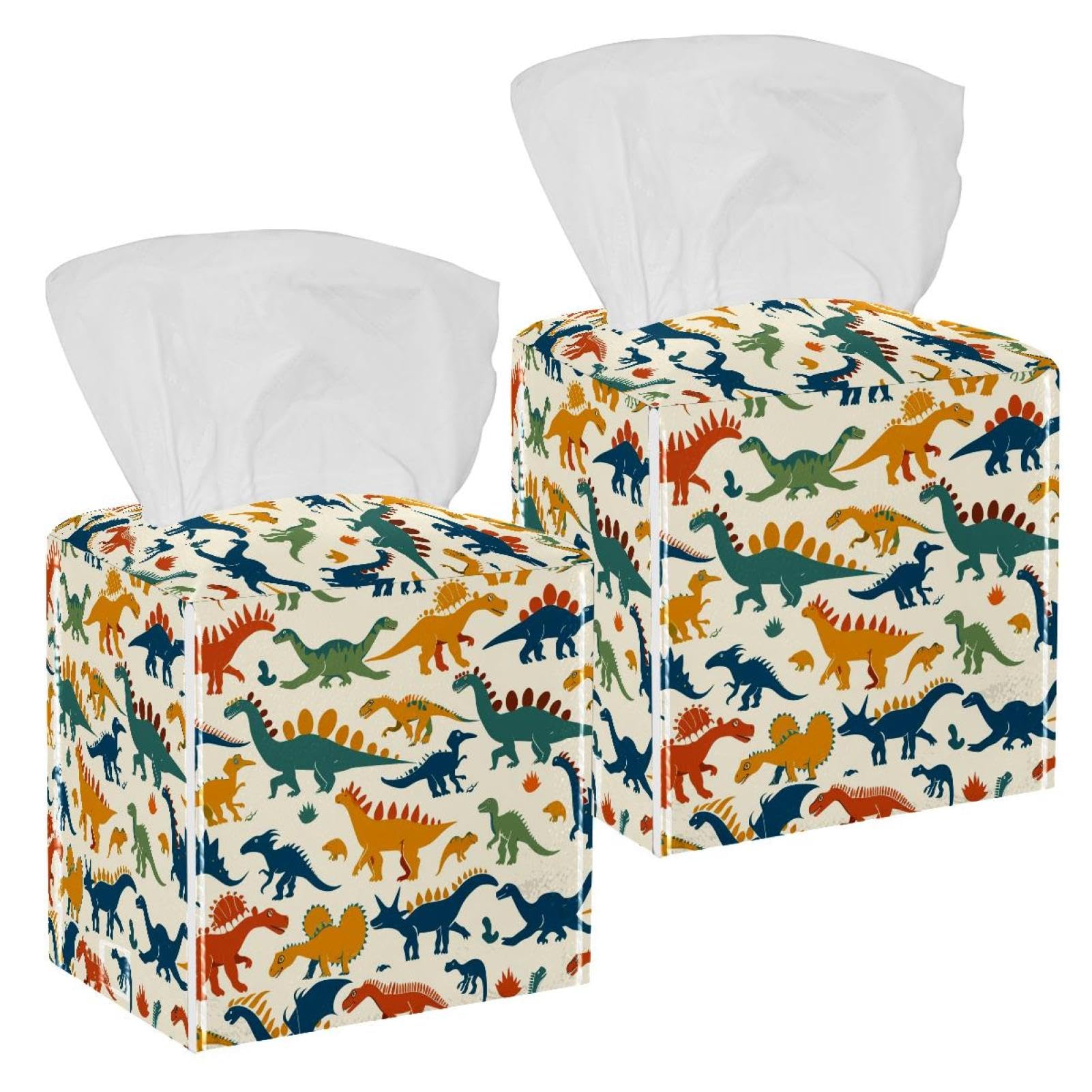 Cartoon Dinosaur Tissue Box Cover, 2 Pack PU Leather Square Facial Tissue Dispenser Box holder for Home Office Car