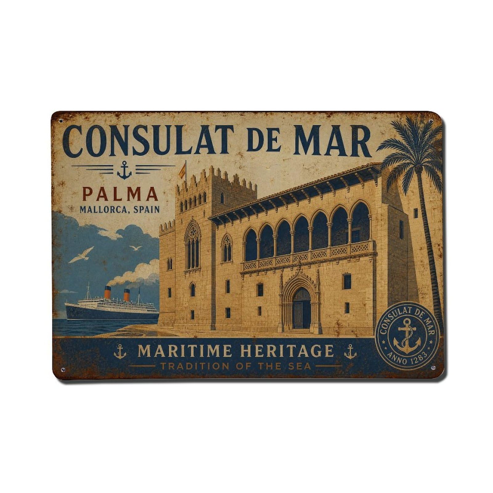 Vintage Travel Palma Consulat De Mar Mallorca Gothic Building Metal Tin Sign Wall Decor for Cafe, Club, Garden Metal Poster 8x12Inch