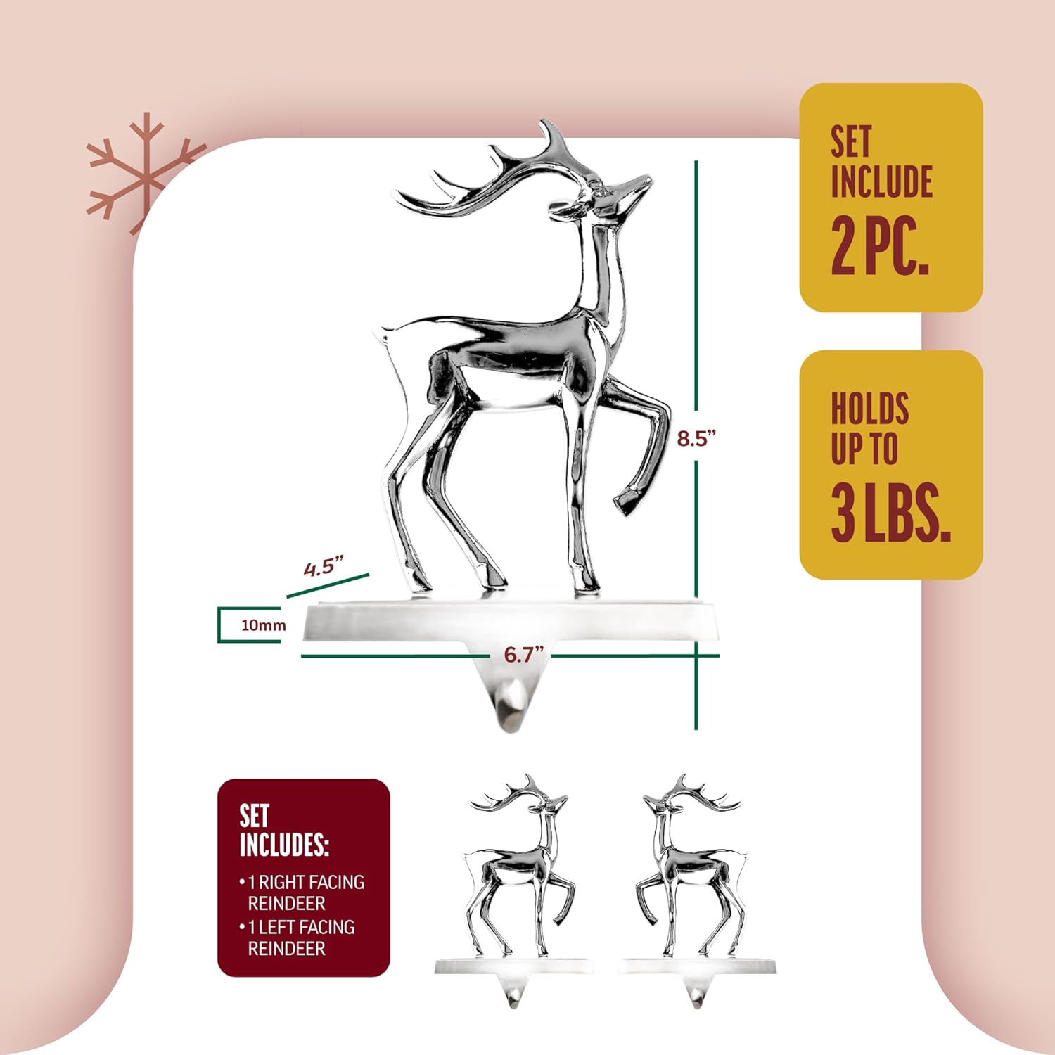 Klikel Stocking Holder Set of 2 - Christmas Reindeer Stocking Hanger for Mantel - Shiny Silver Metal Deer Christmas Stocking Holder for Fireplace Mantle - Heavy Stocking Holder for Mantle with Hook