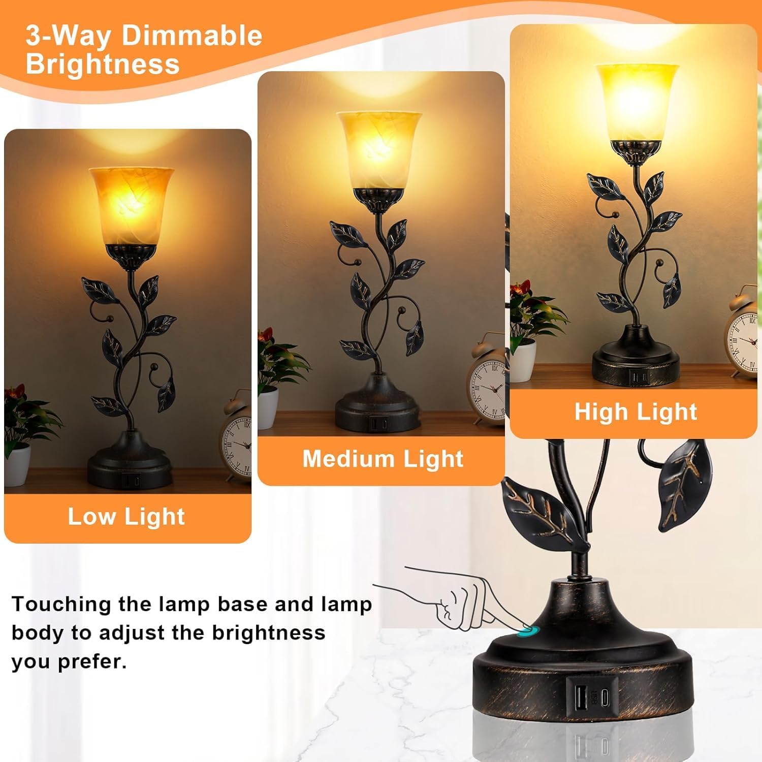 Vintage Bedside Touch Control Table Lamp 3 Way Dimmable, Amber Glass LED Reading Nightstand Light with 2 USB Charging Ports, Farmhouse Bronze Finish Leaf Desk Lamp for Living Room Bedroom