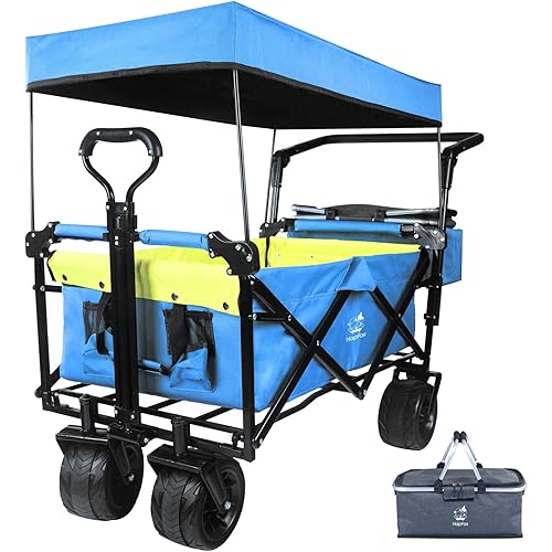Foldable Wagon with Removable Canopy & Cooler Bag - Heavy Duty Collapsible Wagon Utility Cart with 4" All-Terrain Wheels for Camping, Beach, Garden
