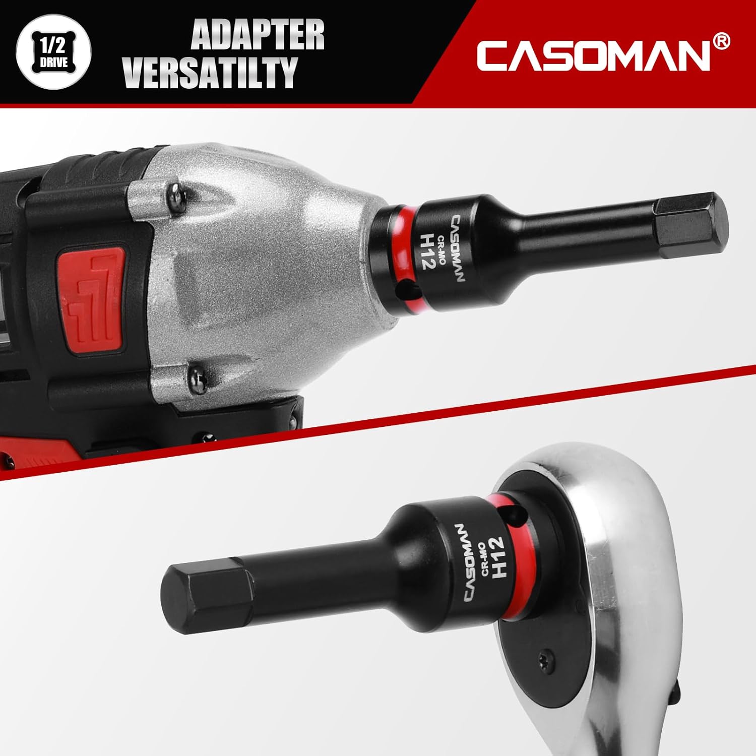 CASOMAN 1/2" Drive 12mm Impact Hex Bit Socket, One-Piece H12 Allen Socket with Red Color-Code Ring, 78mm Length, CR-MO
