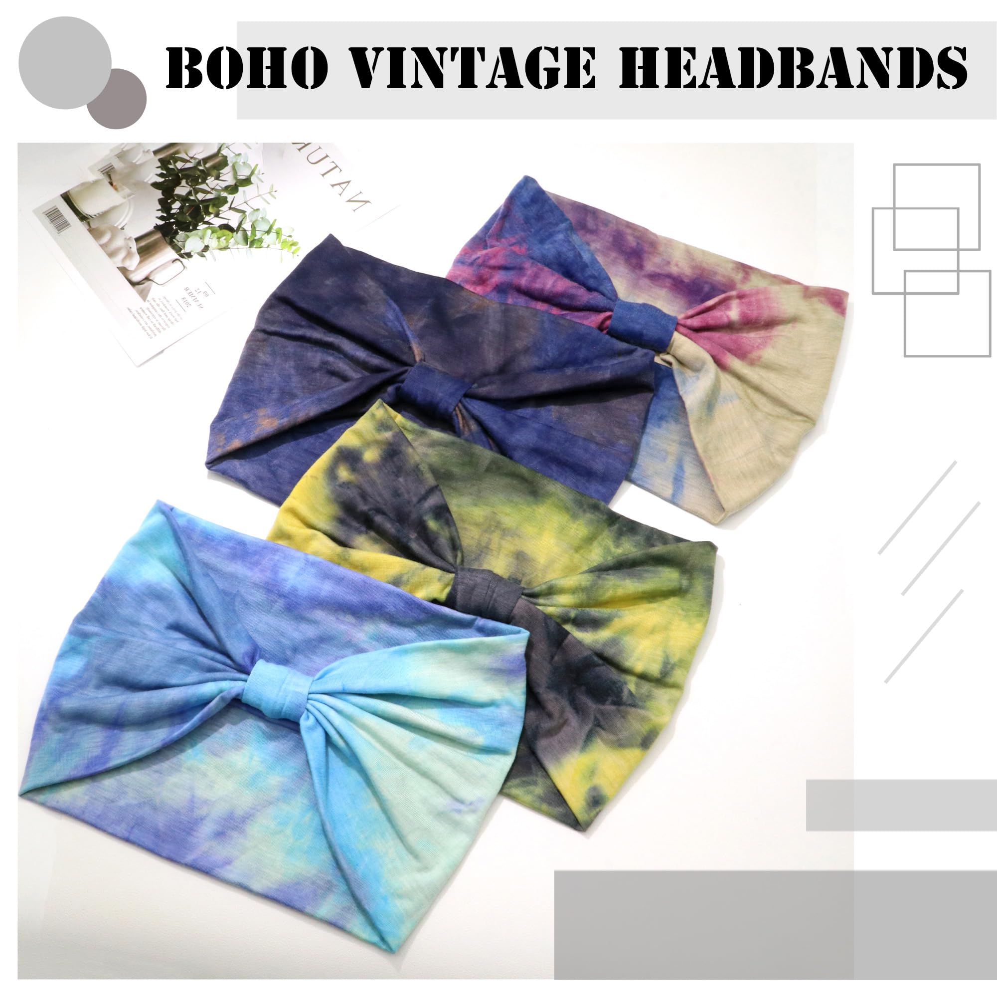 FULZTEY Fasce per capelli bohémien per donne e ragazze, colorate, antiscivolo, con nodo largo, motivo fresco, per sport, atletica, spiaggia, accessori per capelli da donna, 4 pezzi