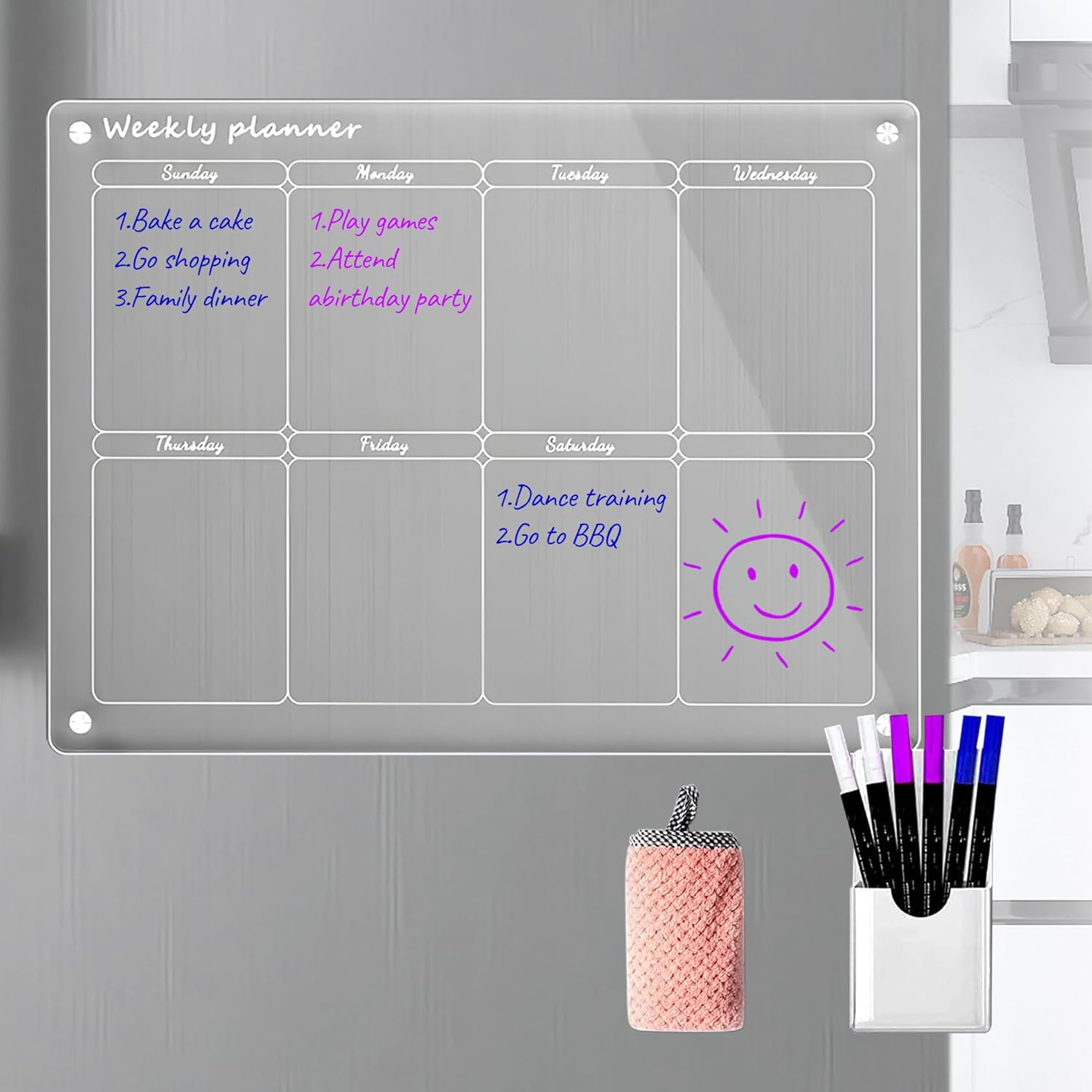 Acrylic Magnetic Monthly and Weekly Calendar for Fridge, Clear Set of 2 Dry Erase Board Calendar Reusable Planner, Includes 6 Dry Erase Markers with 3 Colors (16"x12"Inches)