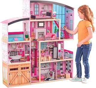 KidKraft Shimmer Mansion Wooden Dollhouse for 12-Inch Dolls - 4ft Tall with Lights, Elevator, Flushing Toilet & 30 Accessories