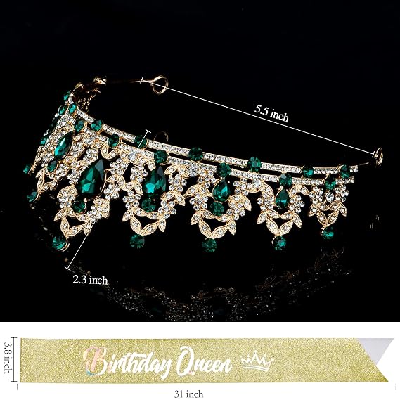 Atoden Green Birthday Crown and Sash Tiara for Women and Girls, Crystal Rhinestone Tiara for Birthday Party, Wedding, Quinceanera, Prom, Festival, EF8277