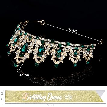 Atoden Green Birthday Crown and Sash Tiara for Women and Girls, Crystal Rhinestone Tiara for Birthday Party, Wedding, Quinceanera, Prom, Festival, EF8277
