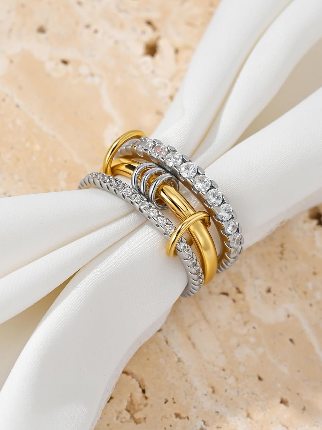 HERSIN Stackable Interlocked Rings for Women Non Tarnish, 18K Gold Plated Green Cubiz Zirconia Ring Chunky Rings Mixed Metal Multi Ring Dainty Stacking Rings Set Jewelry for Women Gifts - Image 6