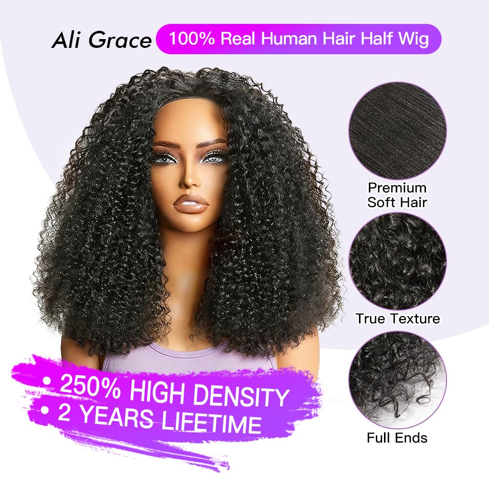Ali Grace 20 Inch 250% Density Kinky Curly Half Wig Human Hair 3 In 1 Drawstring Seamless Flip Over Half Wigs For Women Glueless Wigs Beginner Friendly Half Curly Human Hair Wig Natural Color