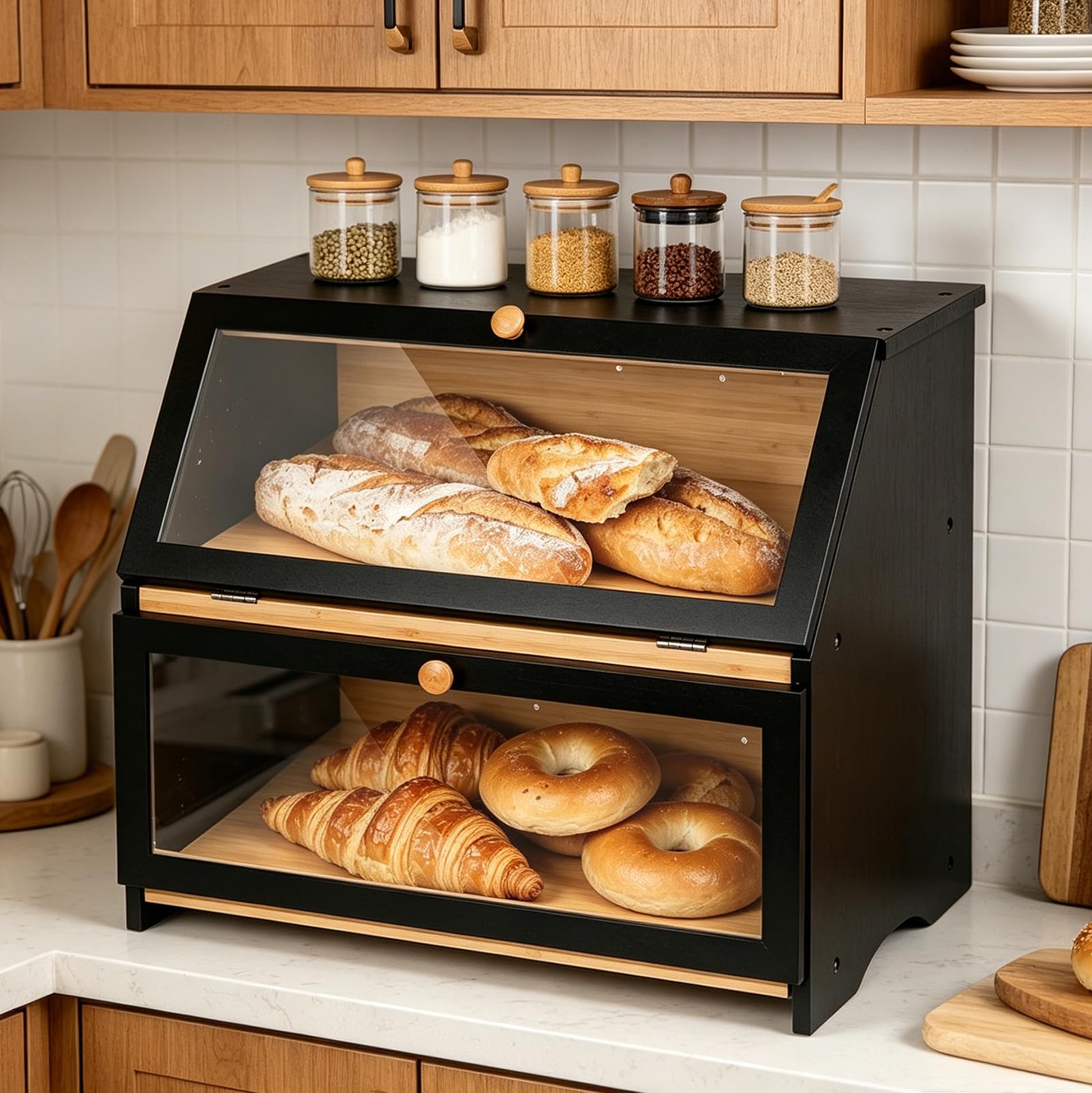 Panera de Bambú de 2 Niveles con Ventana Visible, Caja Grande para Almacenar pan y Tostadas, Botellas de Verduras y Especias del Gabinete de Pan, 39 x 25 x 32 cm (largo x ancho x alto), Negra