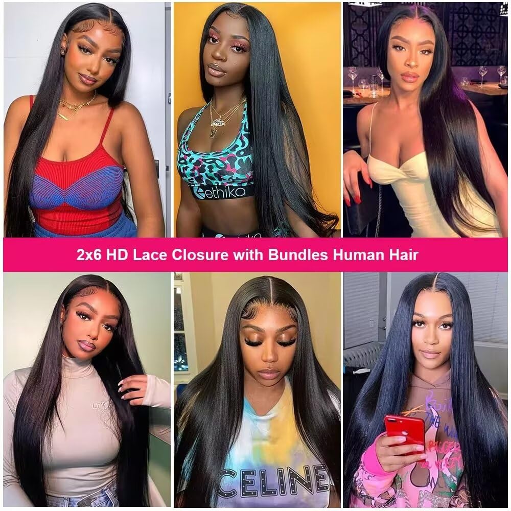 2x6 HD Lace Closure with Bundles 10 12 14+10 Inch Straight Bundles with 2x6 Closure Human Hair 100% Unprocessed Brazilian Virgin Human Hair Weave 3 Bundles with Closure