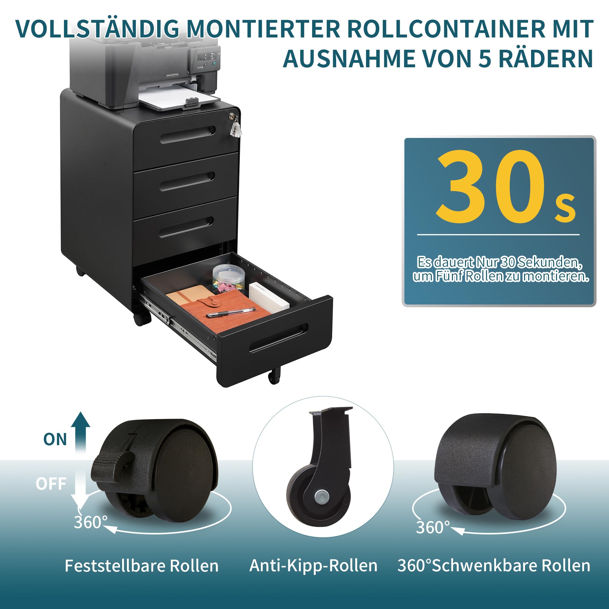 Rollcontainer mit 4 Schubladen, Aktenschrank, Abgerundetes Eckendesign, Abschließbar, 4 Schlüsseln, Schubladenschrank für Büro und Home Office, Schwarz