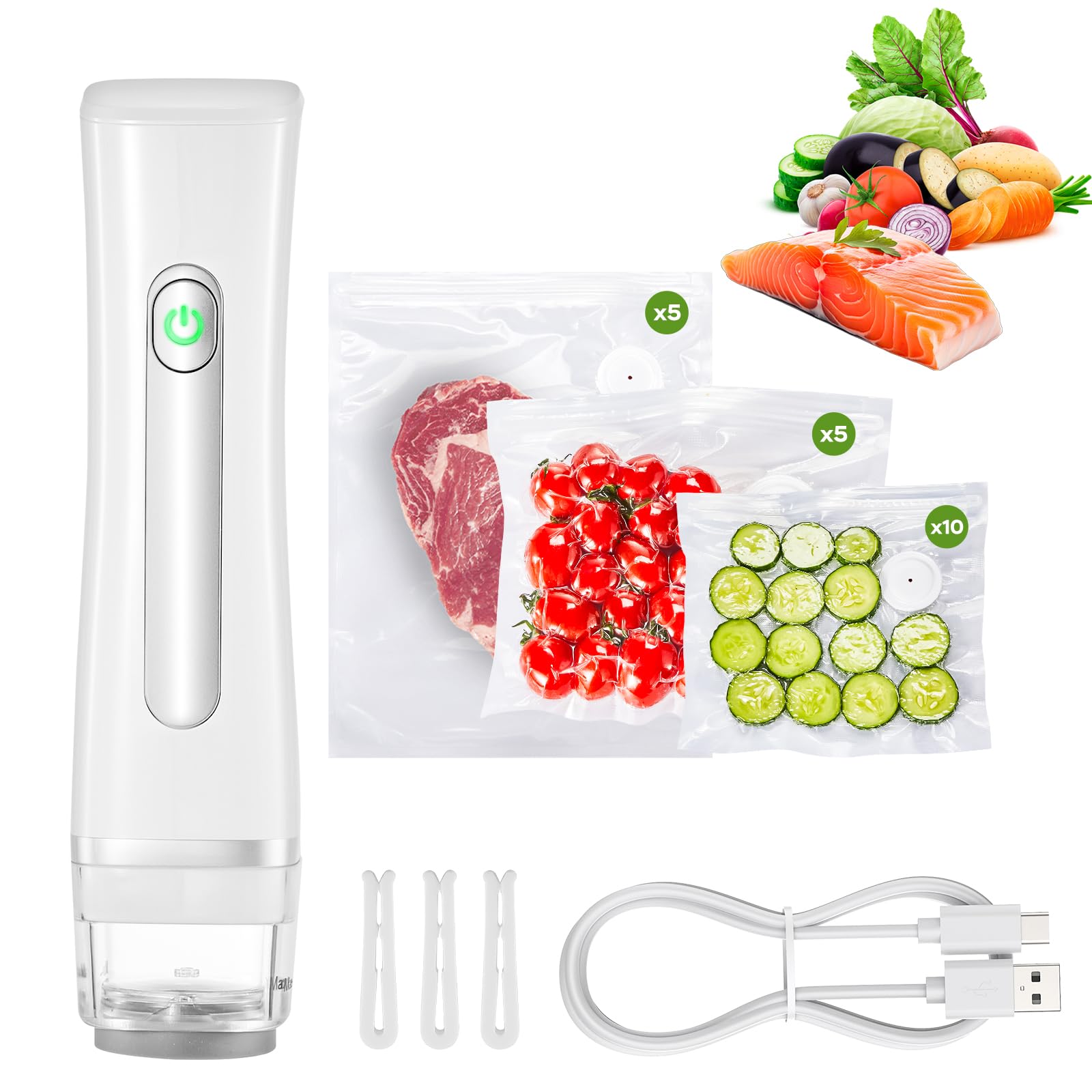 Macchina Sottovuoto per Alimenti, Sottovuoto Alimenti Portatile con 20 Sacchetti Sottovuoto Riutilizzabili, Macchina Sottovuoto per la Cottura Sottovuoto e la Conservazione Degli Alimenti