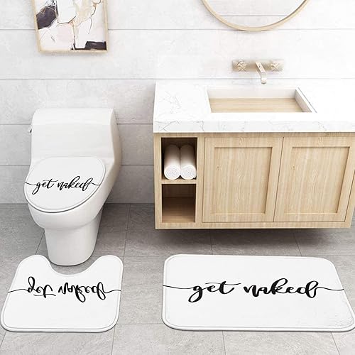 Miniatura 4 de ArtSocket Juego de 4 cortinas de ducha Get Naked con fondo blanco negro con alfombras antideslizantes, cubierta para tapa de inodoro y tapete de