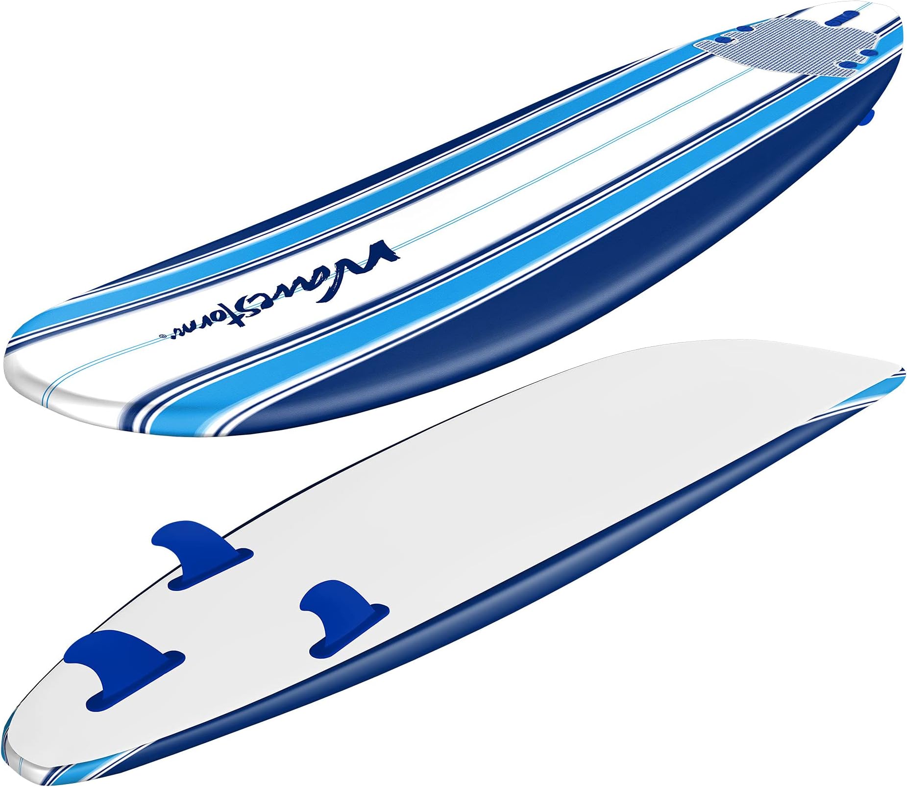 Wave Storm - Classic Soft Top Foam 8' Surfboard for Beginners and All Surfing Levels Complete Set Includes Leash and Multiple Fins Heat Laminated, Blue Pinline