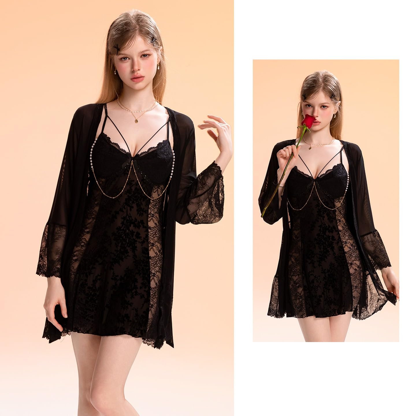 Bata Mujer Verano Conjunto De Vestido/Bata Lencero De Malla Transparente con Cadena De Perlas Y Encaje Calado