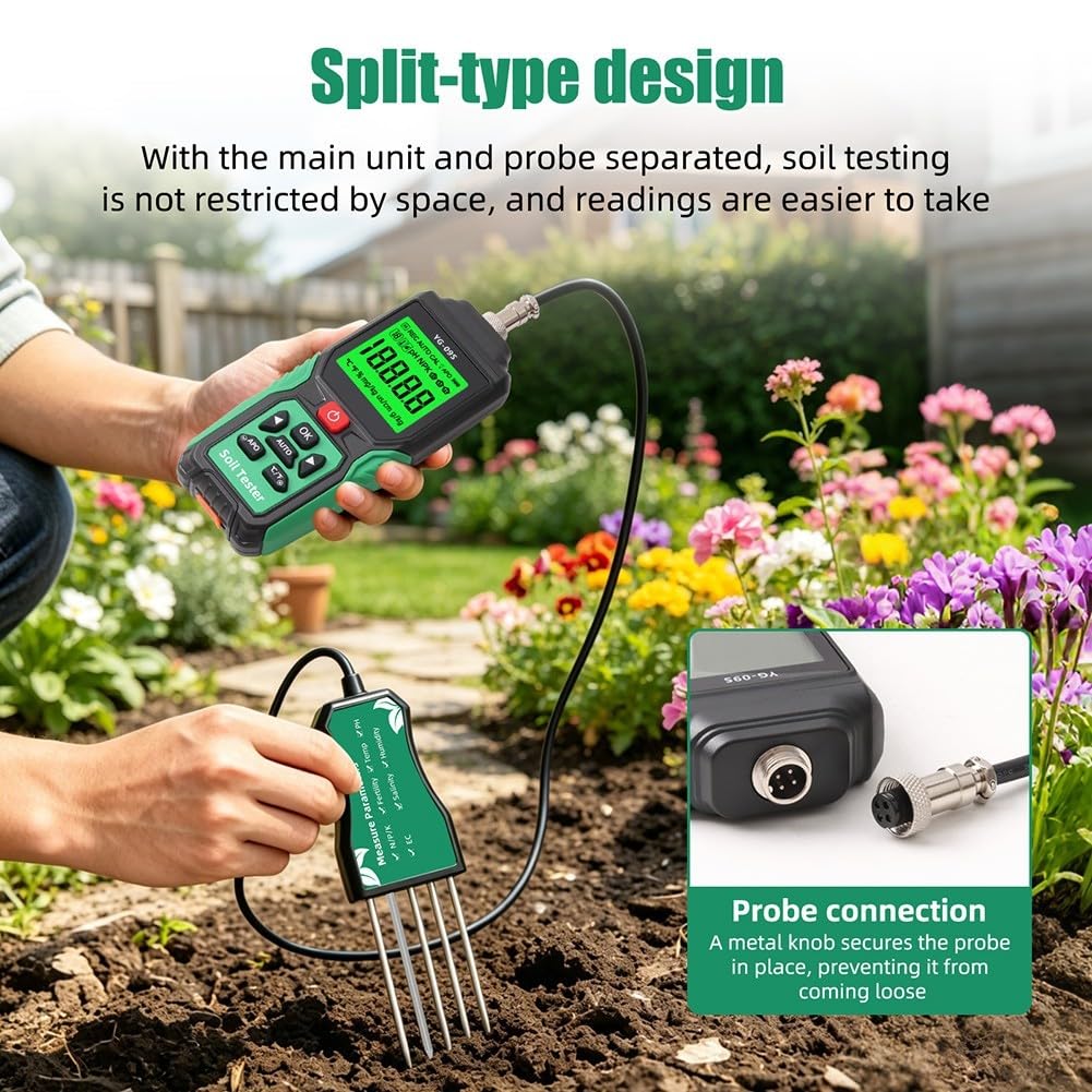 9-in-1 Digitaler Bodentester mit NPK-Sensor, pH-Messgerät für Feuchtigkeit/Temperatur/Leitfähigkeit, wiederaufladbar mit 2m Kabel und LCD-Display für Gartenbau