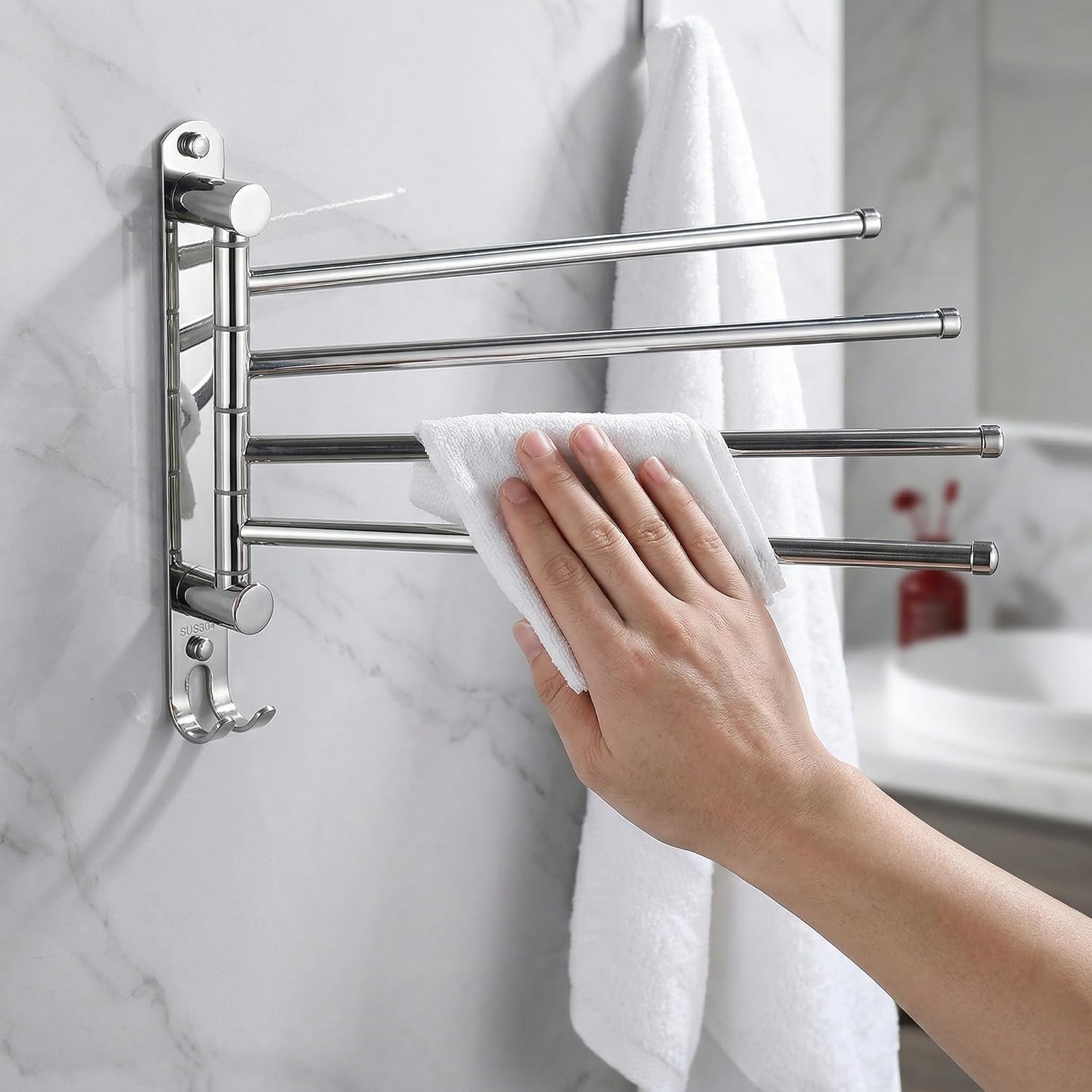Swivel Towel Rack Wall Mounted, 1/2/3/4/6-Bar Options, 12.8" Long Arm SUS304 Stainless Steel, No Drill Adhesive 180° Rotating, Heavy Duty Rustproof Towel Bar for Bathroom Kitchen (Holds 30 lbs) image 5