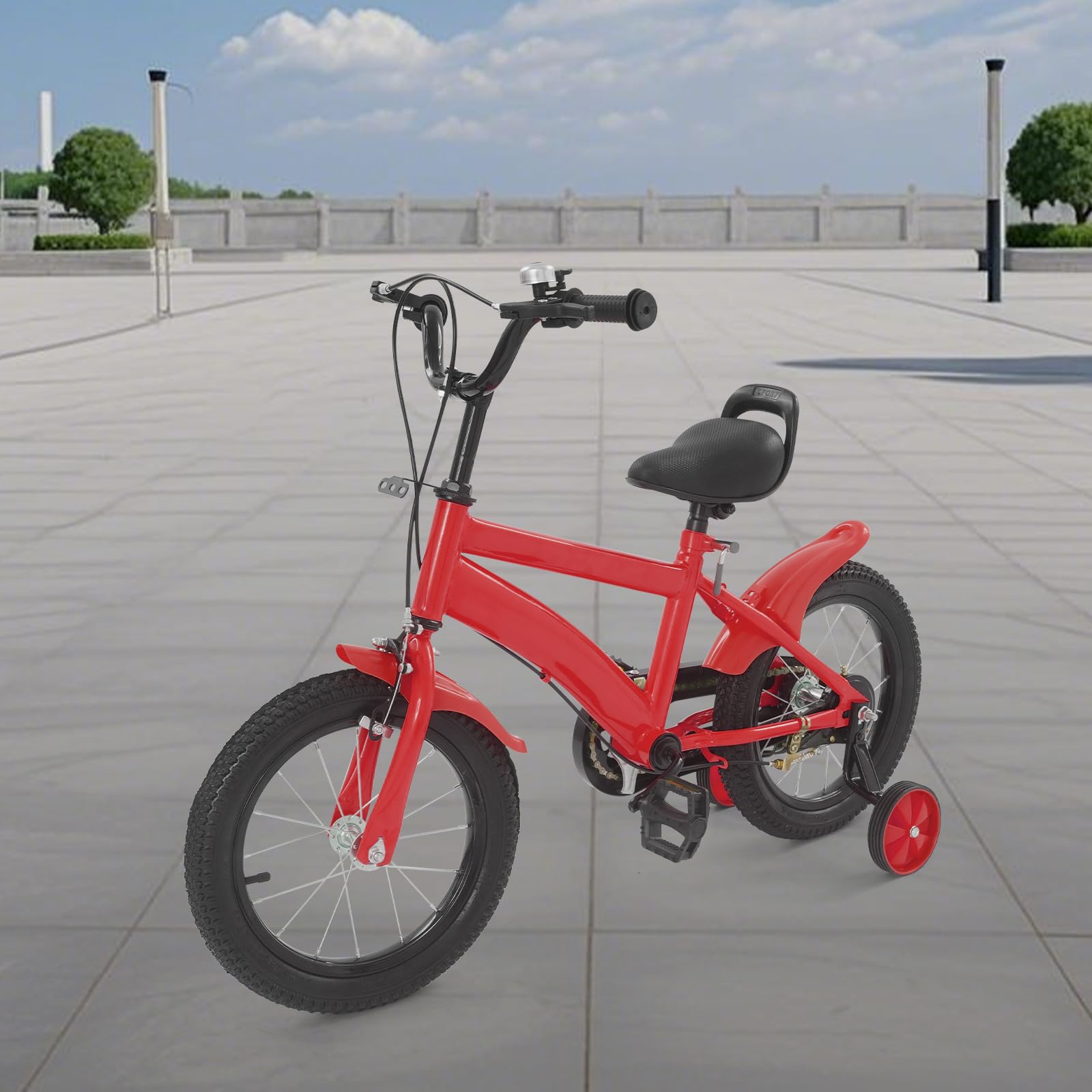 Bicicleta infantil de 14 pulgadas, color rojo, para niñas y niños a partir de 3 a 6 años, altura ajustable con ruedas estabilizadoras, freno de mano y guardabarros, de acero al carbono, regalo