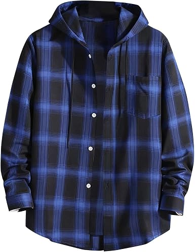 Camicie con cappuccio scozzese da uomo casual a maniche lunghe button down flanella camicia giacca vestibilità rilassata leggero comodo autunno inverno cappotto, D# Blu, S