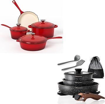 Enamel Cast Iron Cookware Set 7 Pieces & 10 Pieces RV/Camping Cookware Sets