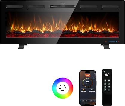 50" Infrared Smart Electric Fireplace Alexa/Google Compatible, Remote& App Control Multicolor Flame w/Dimmer, Wall-Mounted& Recessed WiFi Enabled Fireplace Heater w/Crackling Sound& Thermostat, 1500W