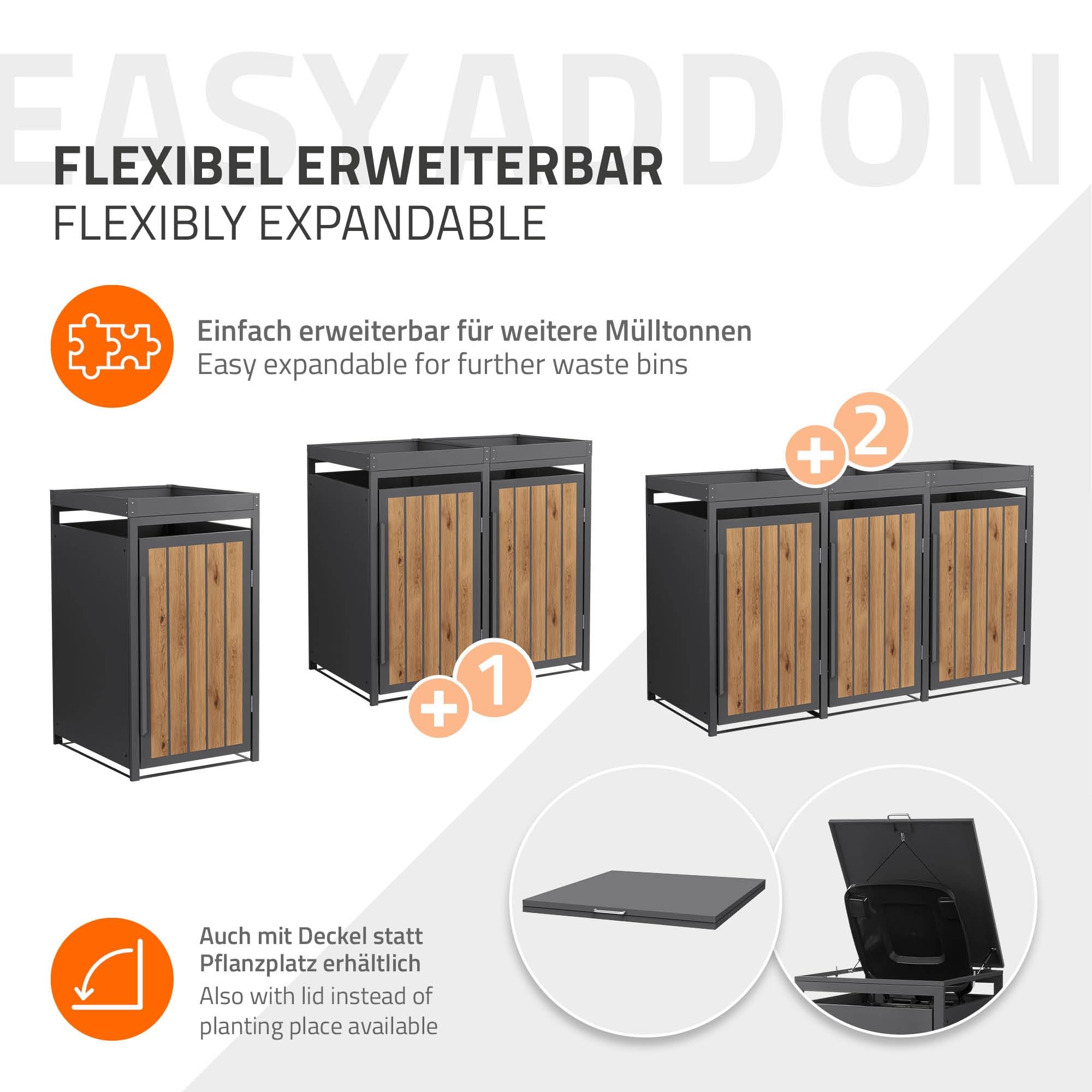 ML-Design Mülltonnenbox 1er 240L mit Pflanzdach, Mülltonnenverkleidung für 1 Mülltonne, Müllbox wetterfest, Mülltonnenhaus aus Stahl, Müllcontainer mit Tür, Gerätebox 68x80x124 cm Anthrazit-Holzoptik