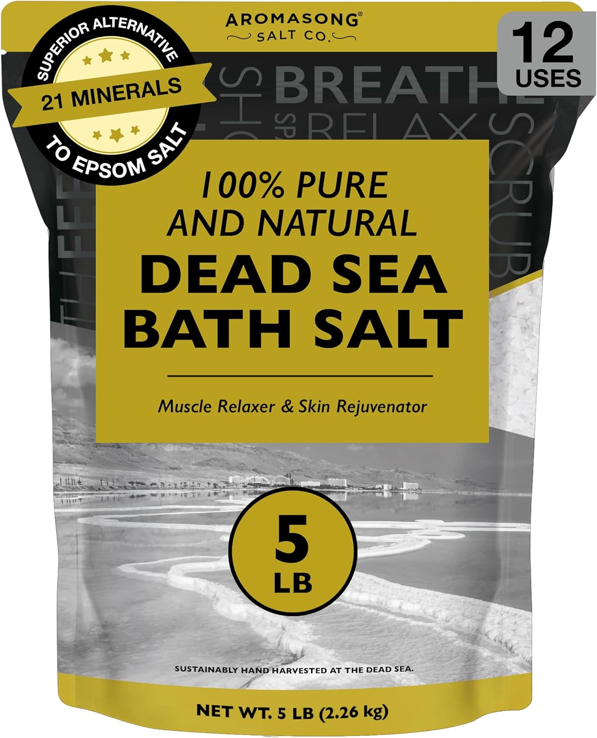 Aromasong Dead Sea Bath Salt – 100% Pure & Natural Dead Sea Salts for Soaking Fine Grain 5 LB – Bulk Resealable Pack (Packaging May Vary) Used for Body wash Scrub – Soak for Women & Men.