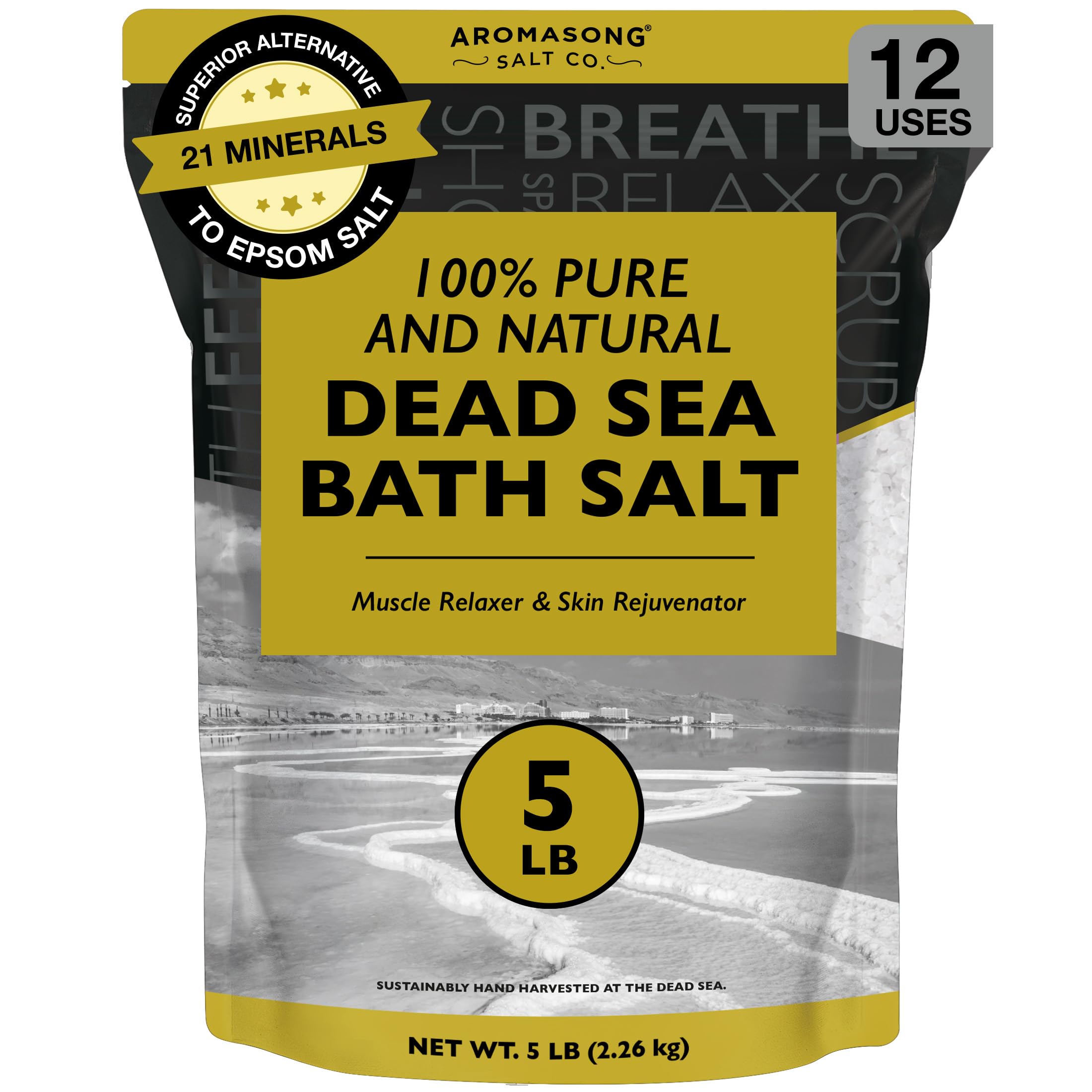 Aromasong Dead Sea Bath Salt - 100% Pure & Natural Dead Sea Salts for Soaking Fine Grain 5 LB - Bulk Resealable Pack - Used for Body wash Scrub - Soak for Women & Men.