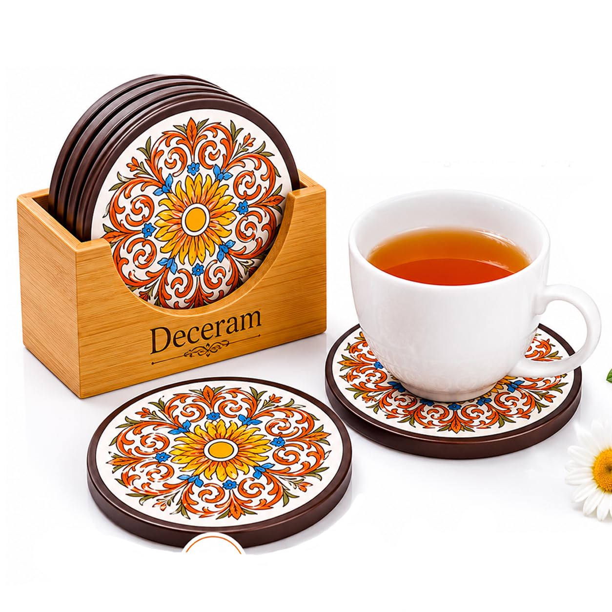 Coaster Set - Tea Coasters Set of 6 for Coffee Mugs & Glasses, Coasters for Dining Table for Hot Pots, Indian Gifts for Foreigners, Wooden Coasters with Stand Bamboo Heat Resistant Pads-image-28