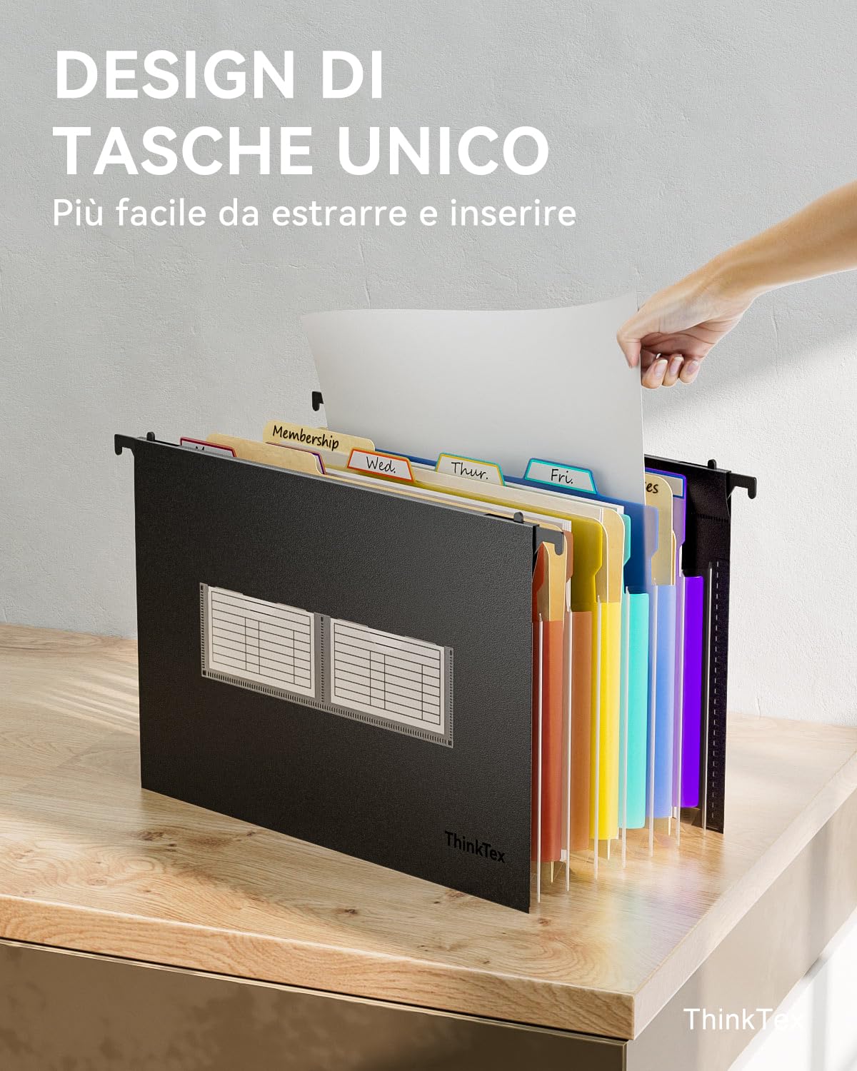 ThinkTex 6 cartelline sospese in plastica A4 con tasche espandibili, 7 innovative tasche a fisarmonica da 3 cm (adatte per armadietti da 32 cm a 37 cm)
