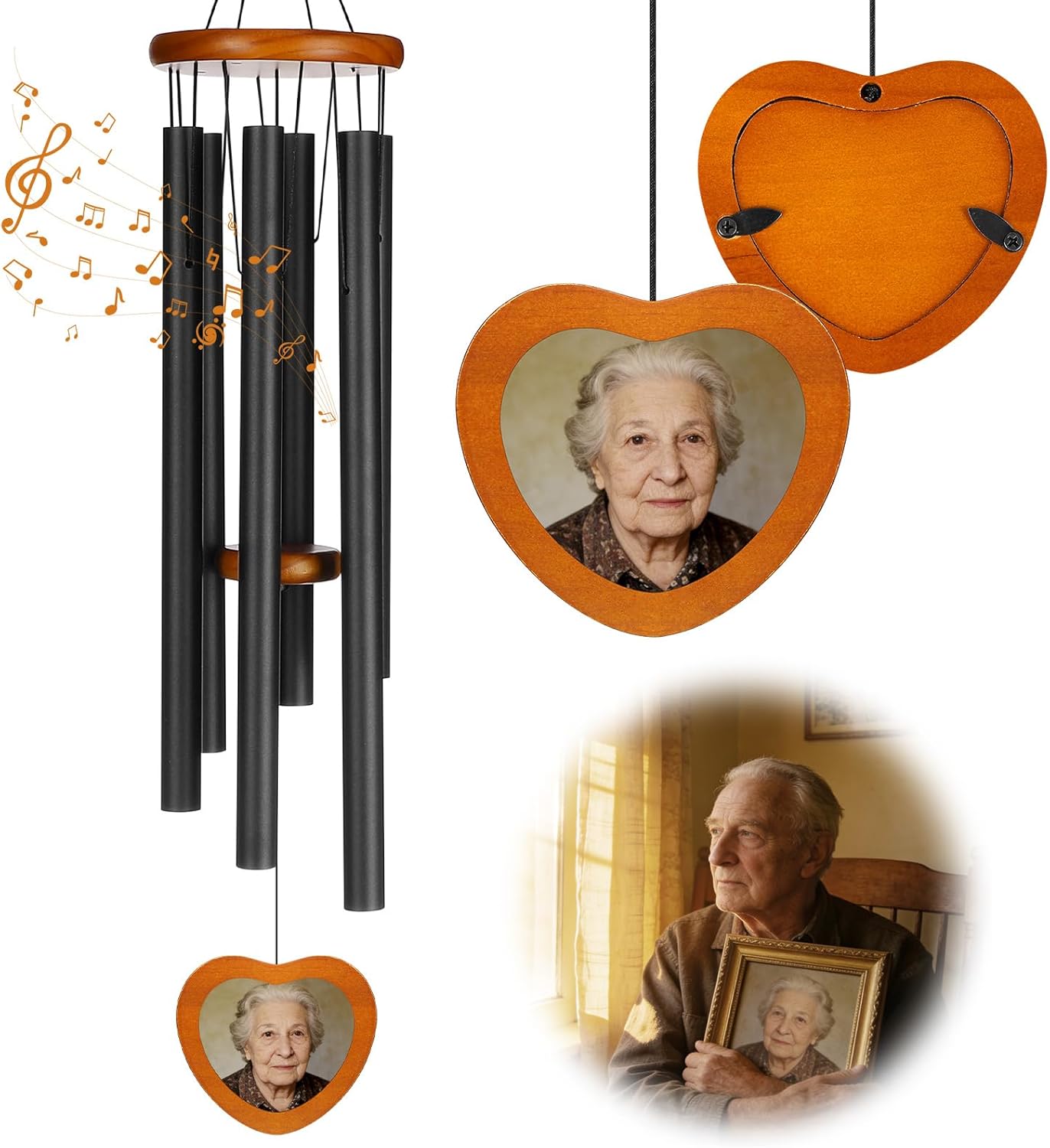34" Personalized Memorial Wind Chimes with Photo Frame - Deep Tone Aluminum Remembrance Windchimes for Loss of Loved One - Sympathy Bereavement Gifts for Mom, Dad, Grandma - Large Outdoor Garden Decor
