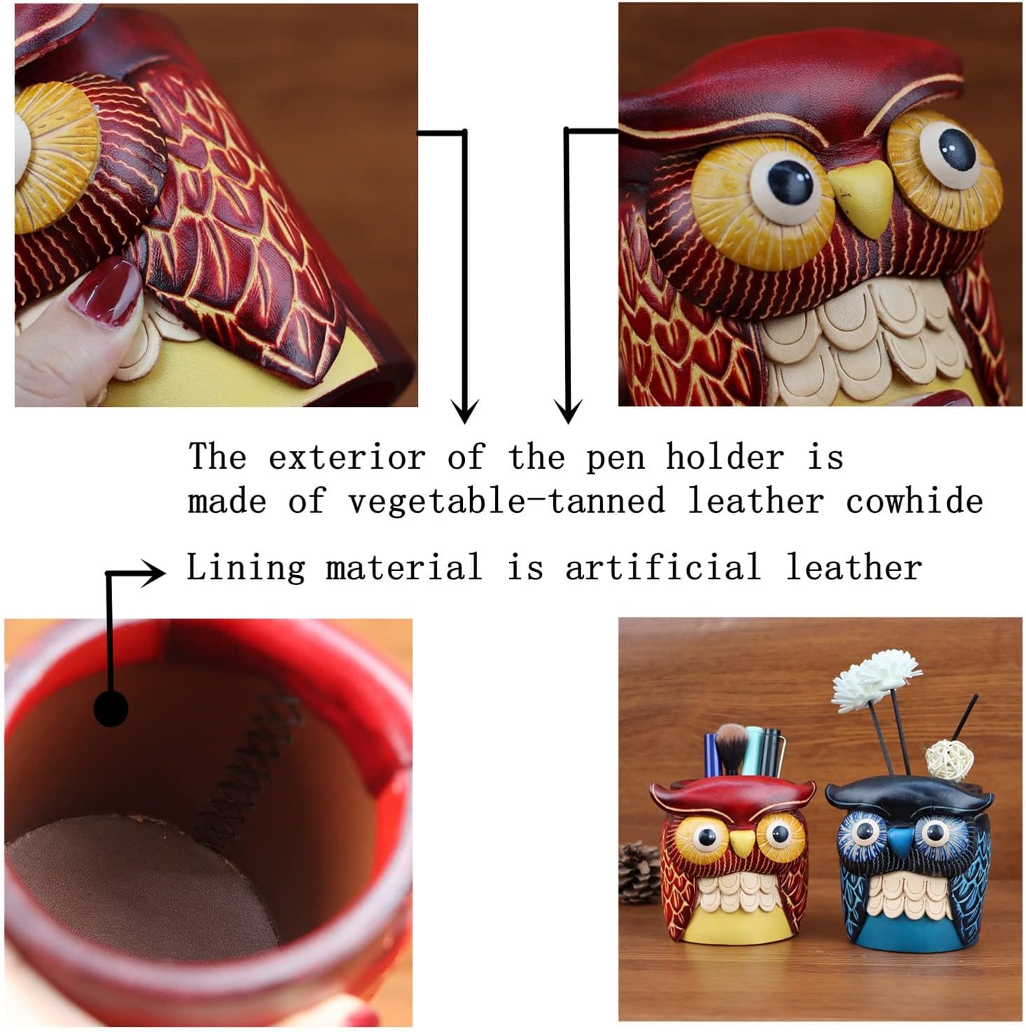 Vegetable Tanned Leather Cowhide Owl Desktop Decorative Pen Holder Stationery Makeup Brush Organizer Creative Gifts For Men And Women (Red)