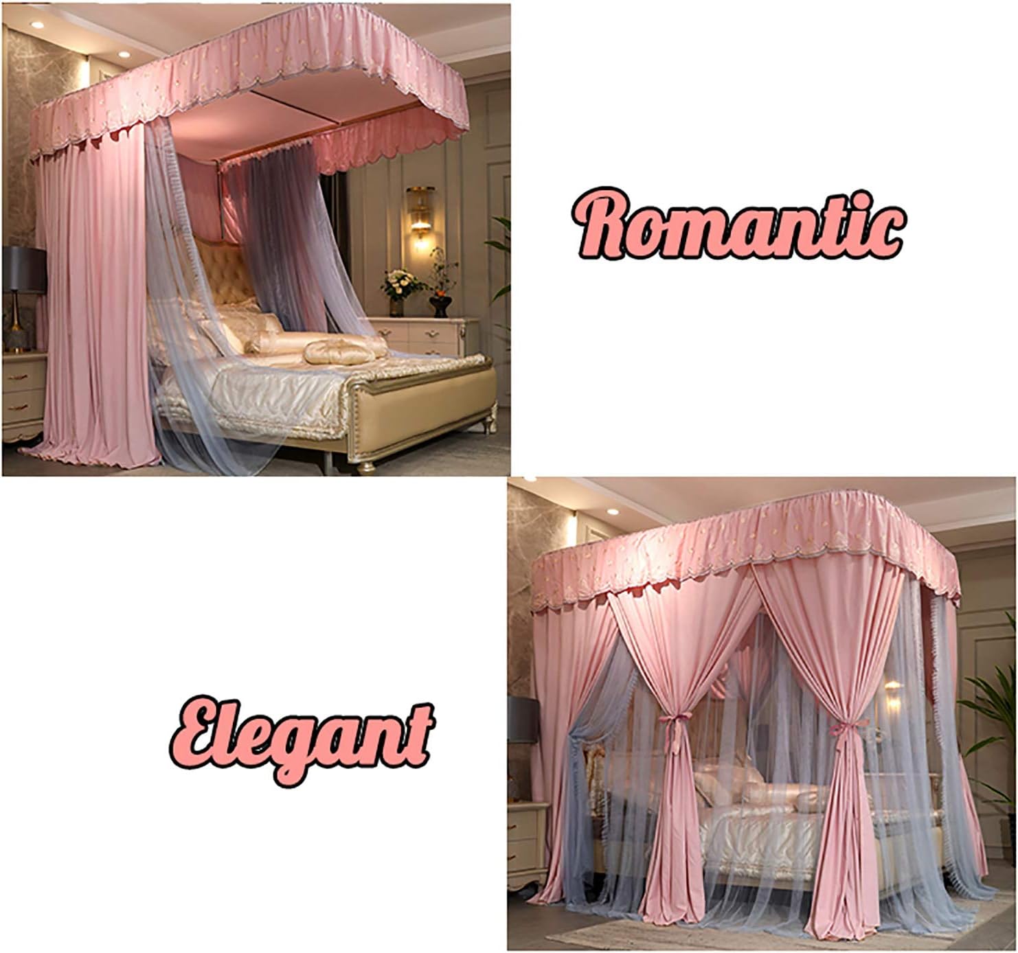 Princess Bed Curtain Canopy for Girls 4 Corner Post Bed Canopy with U-Shaped Bracket Bed Decoration 3 Openings Mosquito