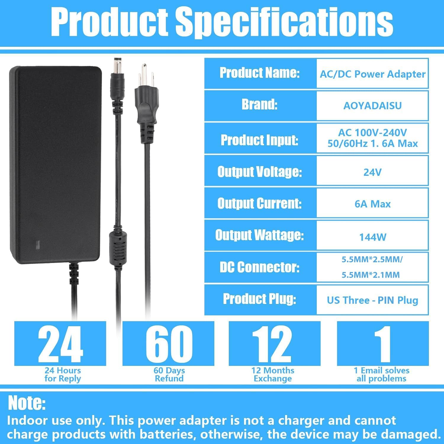24V 6A DC Power Supply Adapter 144W AOYADAISU Universal AC to DC Power Supply with 5.5mm x 2.5mm&2.1mm Output Jack, 100V-240V 24 Volt 6 Amp Power Converter for LED Strip Light, Router, Cameras - Image 2