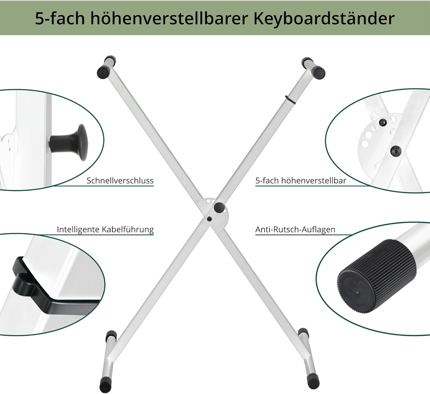 Terperinci view of Classic Cantabile X Keyboard Stand features: quick release, 5-way height adjustment, intelligent cable management, anti-slip pads