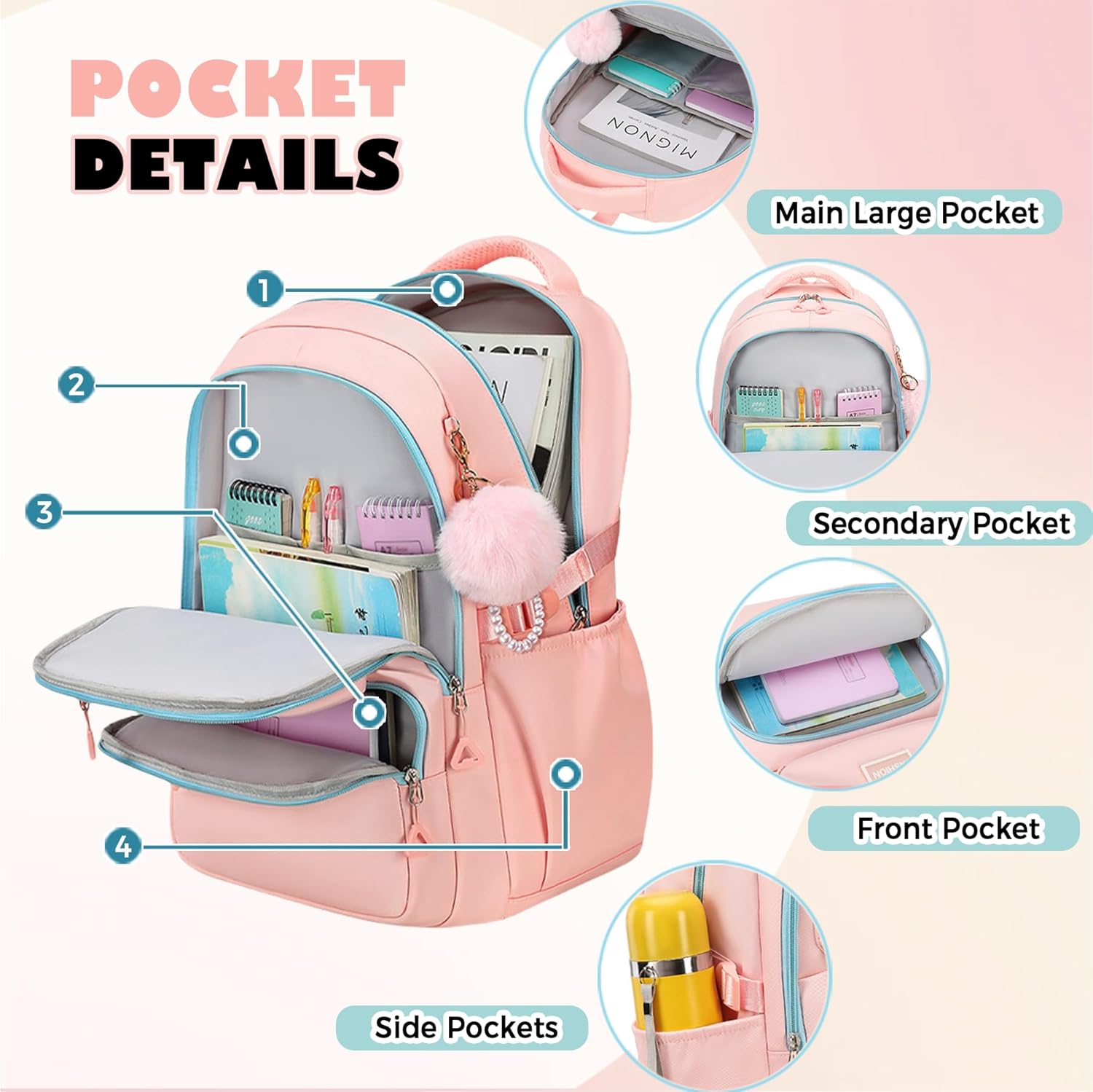 Cute Backpack for Women Girls Elementary Middle High School College Teens Kids Large Preppy Aesthetic Bookbag (Black)