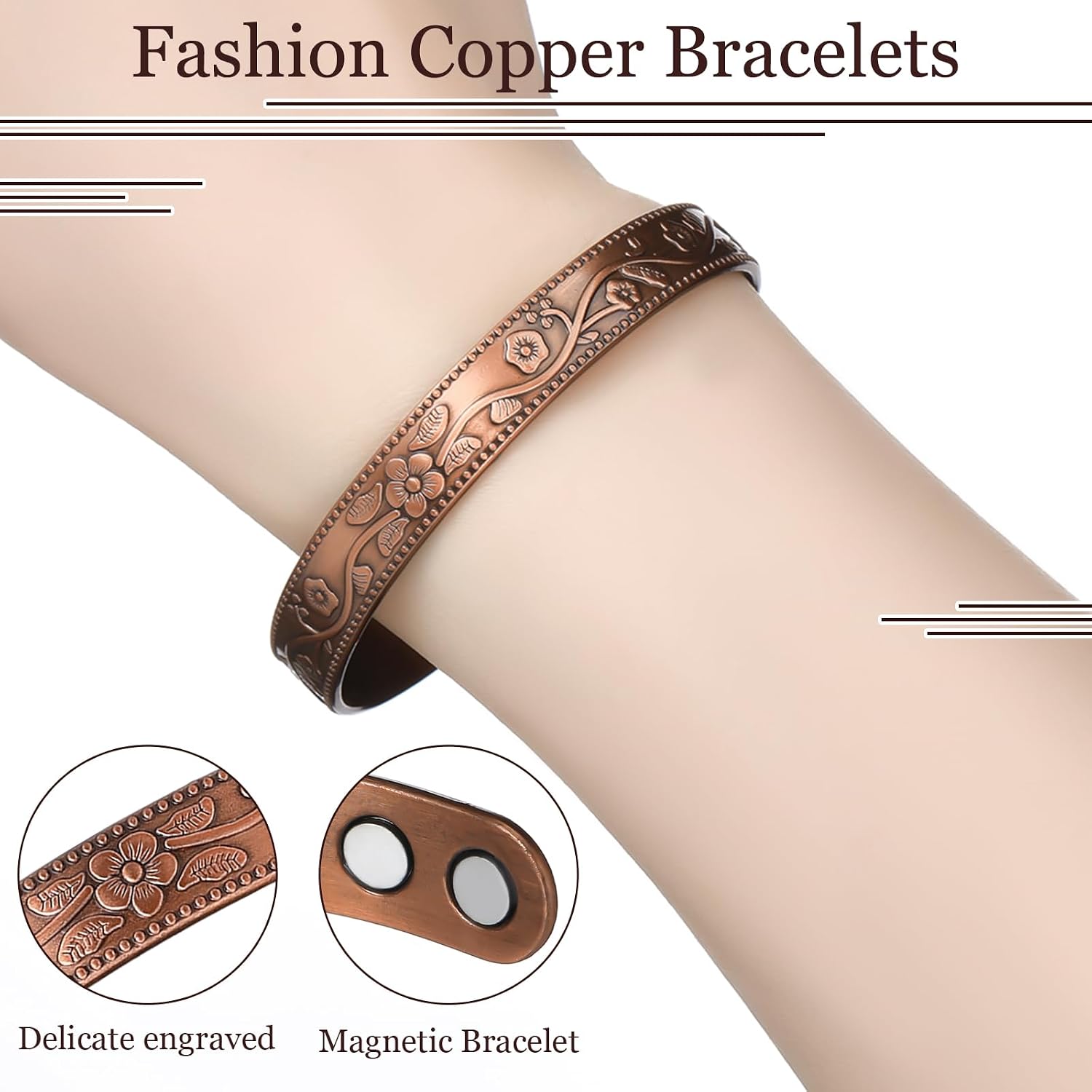 Highergo 6 Pcs Copper Magnetic Bracelet for Women Ultra Magnetic Copper Bracelet Adjustable Cuff Bangles Jewelry Gift(Flower)