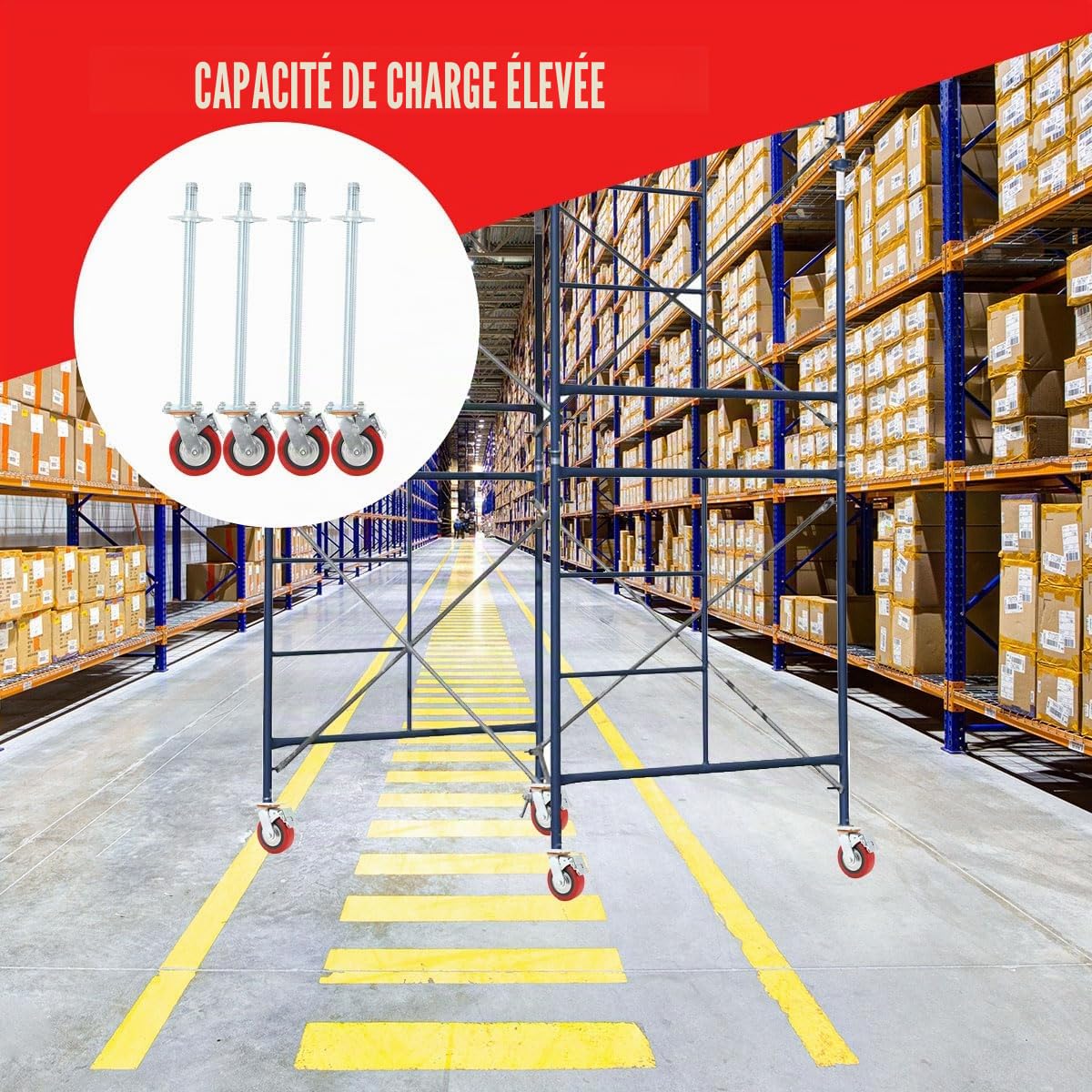 Lot de 4 roulettes pour échafaudage 190 mm avec tige filetée en acier, roulettes pivotantes à frein, position verticale, capacité de charge 750 kg, réglable en hauteur, compatible avec