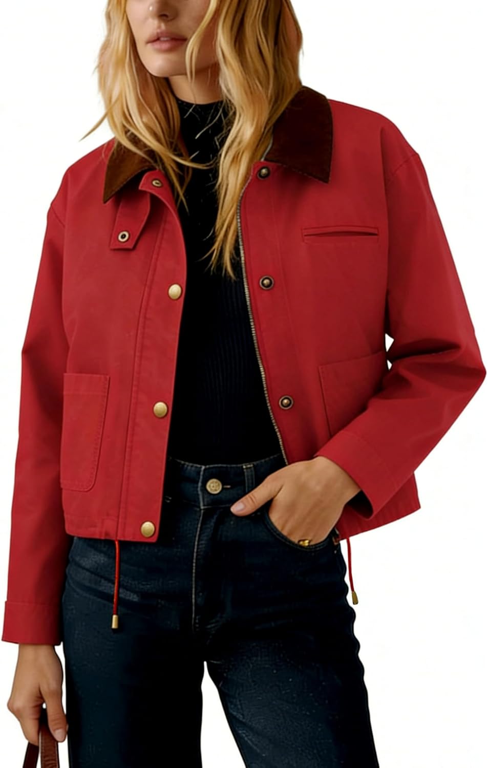 Womens Cropped Zipper Jackets Contrast Collar Casual Button Varsity Shackets Outwear with Pockets