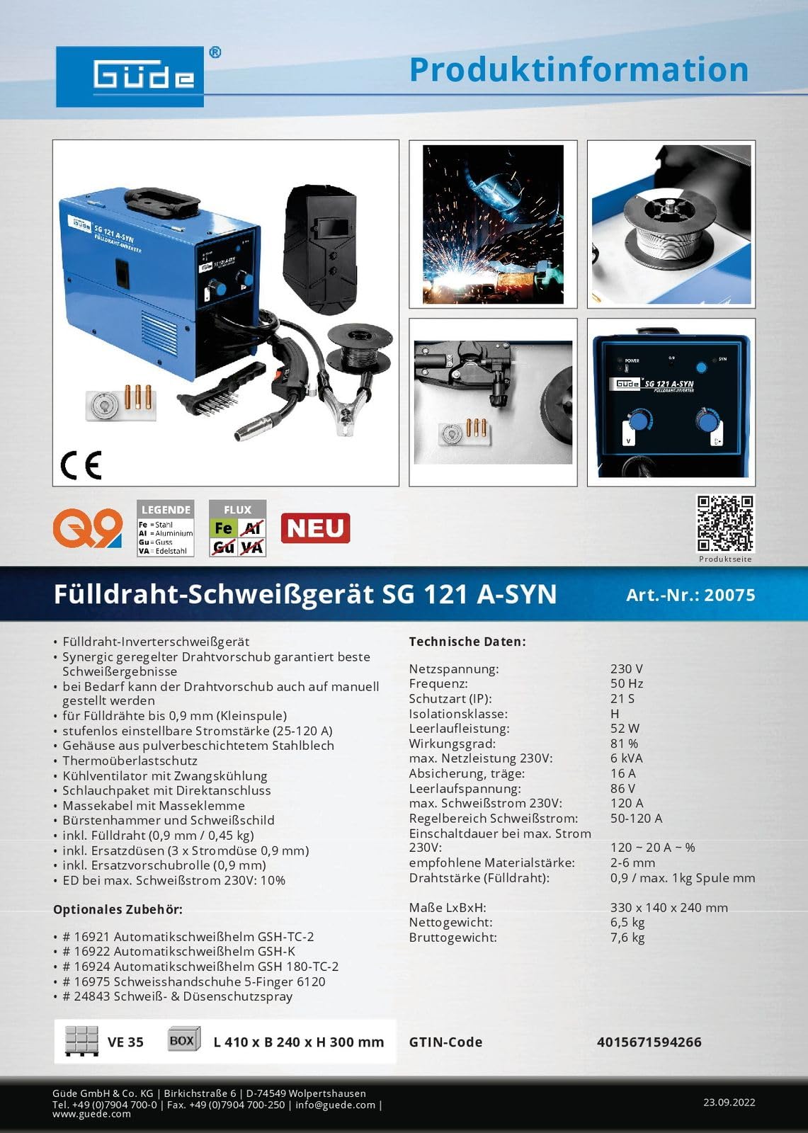 Güde Equipo de soldadura sin SG 121 A-SYN (ventilador de refrigeración, protección contra sobrecarga térmica, cable de tierra con abrazadera de tierra)
