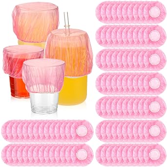 Baderke 100 Pcs Scrunchie Drink Covers Bulk Disposable Plastic Covers for Cups, Beverage Protection Cover for Christmas Bar Club Adult Drink Beverage StretchablePink
