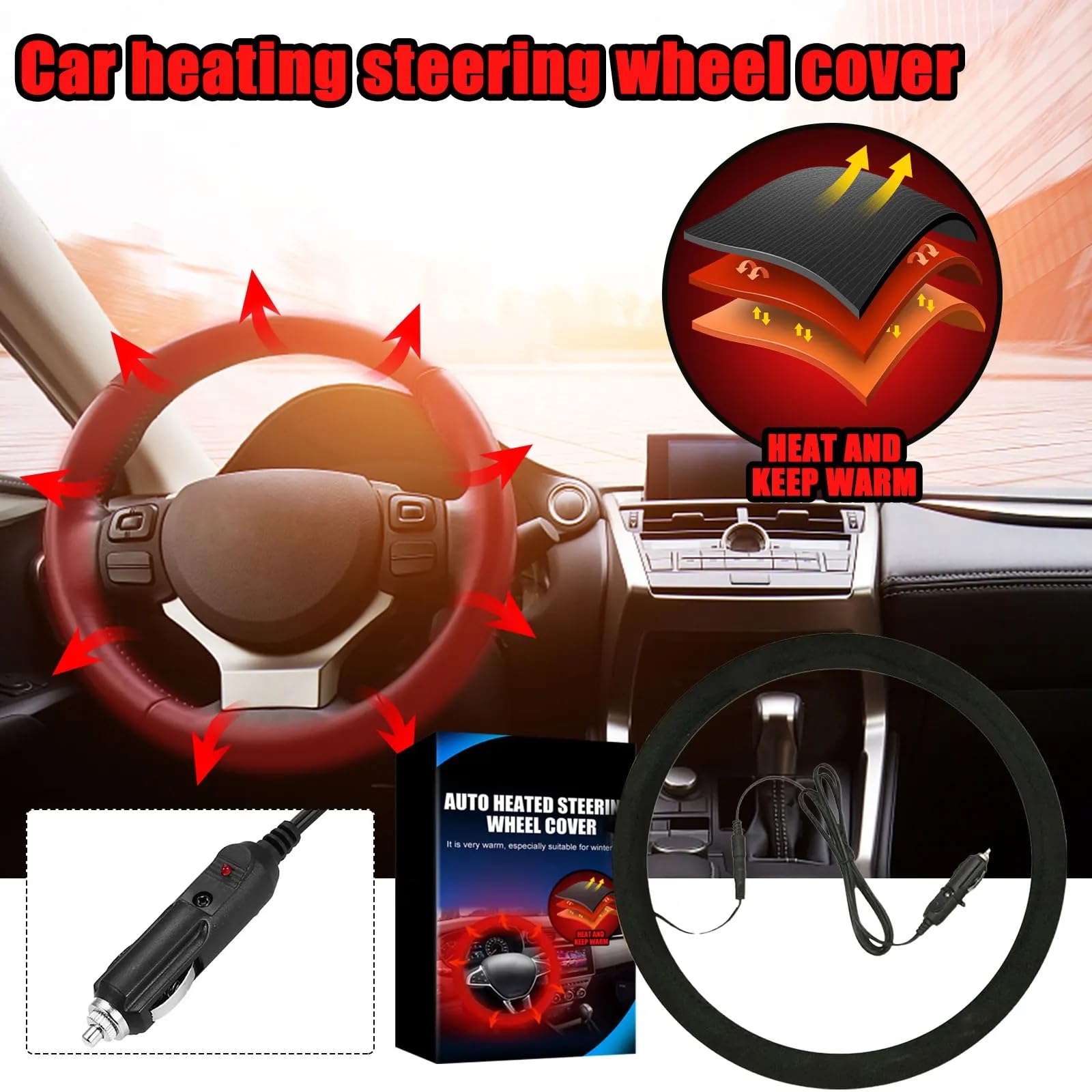 Housse De Volant Chauffante 12V – Chauffage Rapide En 1 Minute – Anti-dérapant – Pour Voiture, SUV, Camion – Taille 14,5 à 15,5 Pouces