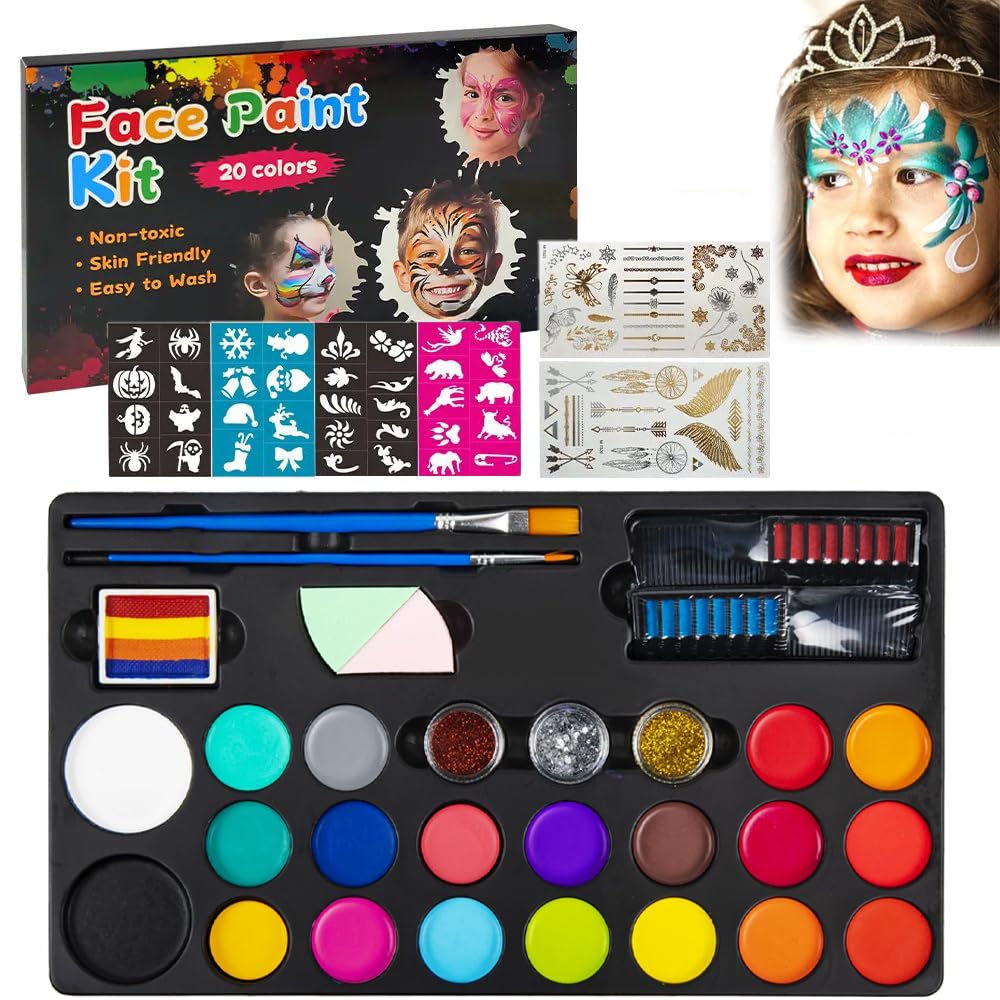 Pivdo Kids Face and Body Painting Kit - Non Toxic, 20 Color Oil Palette, 3 Glitters, 2 Hair Chalk Combs, 2 Paint Brushes, 32 Stencils, Tattoo Sheets - Ideal for Party, Halloween Makeup, Facepaint-picture-29
