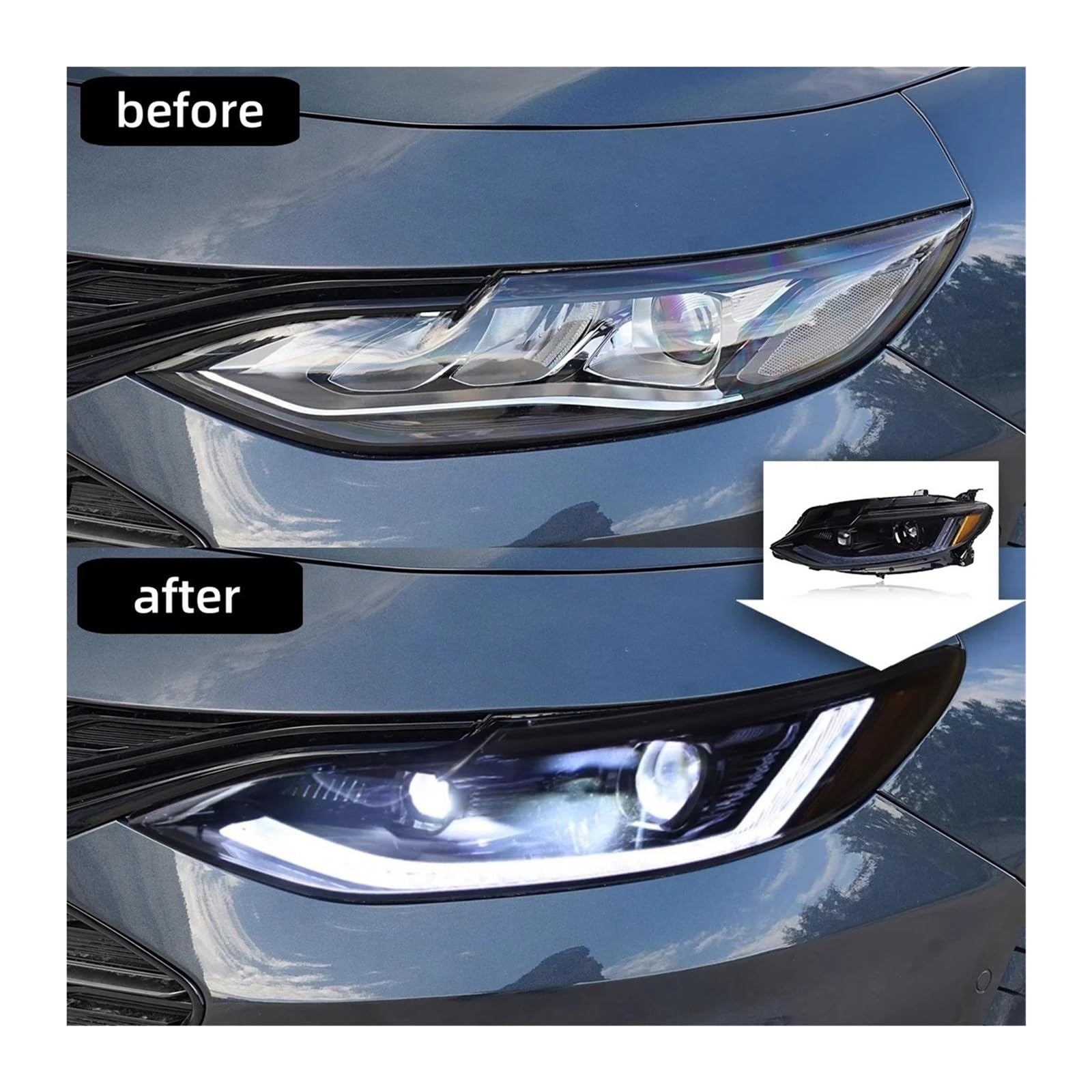 Gruppo Ottico Anteriore per Chevrolet Malibu 19-23 con Lente modificata, luci diurne e indicatori di direzione.