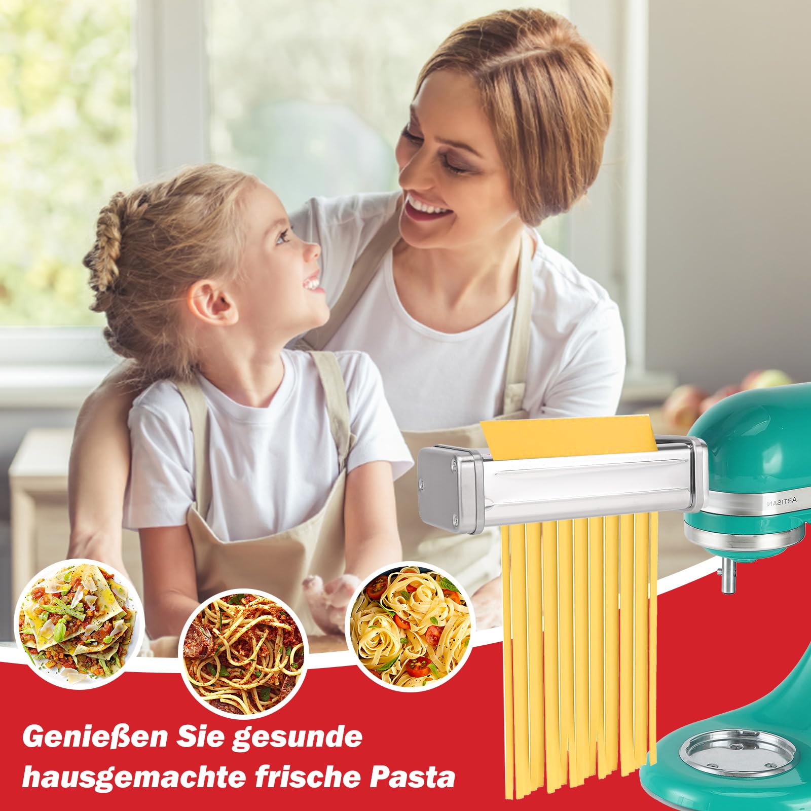 Nudelaufsatz für Kenwood Standmixer, inklusive Nudelblattwalze Spaghettischneider und Fettuccinischneider Nudelmaschine mit 8 Drehknopf zur Einstellung, für Kenwood Pasta Maker Zubehör