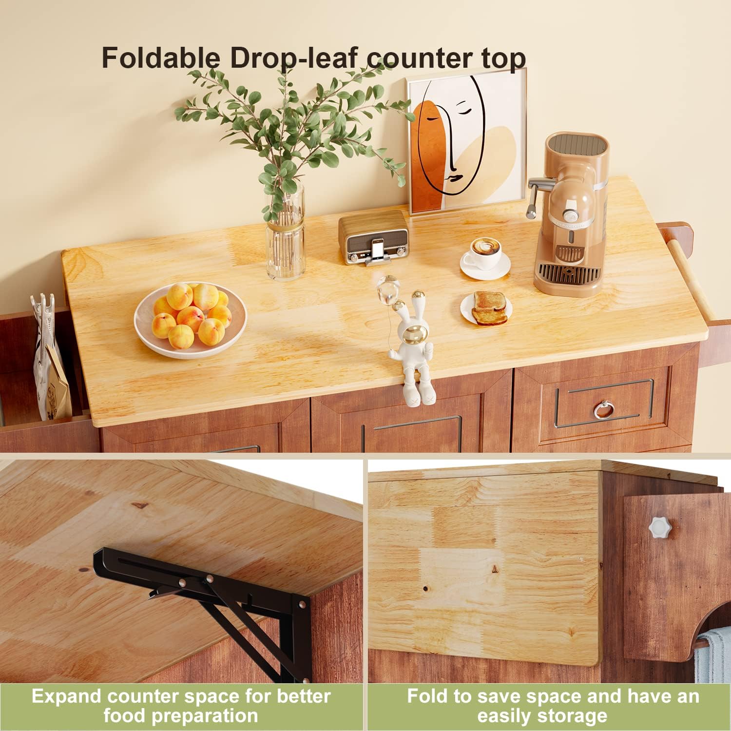 Close-up images showing the foldable drop-leaf countertop in both expanded and folded positions.