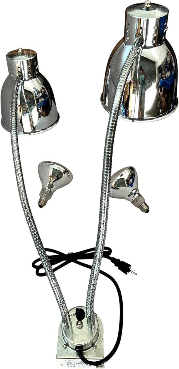 Dual Bulbs Food Heat Lamp Adjustable Food Light Warmer 500 Watts Heating Lamps for Hot Food Countertop Chrome (Double Arm with Clamp)