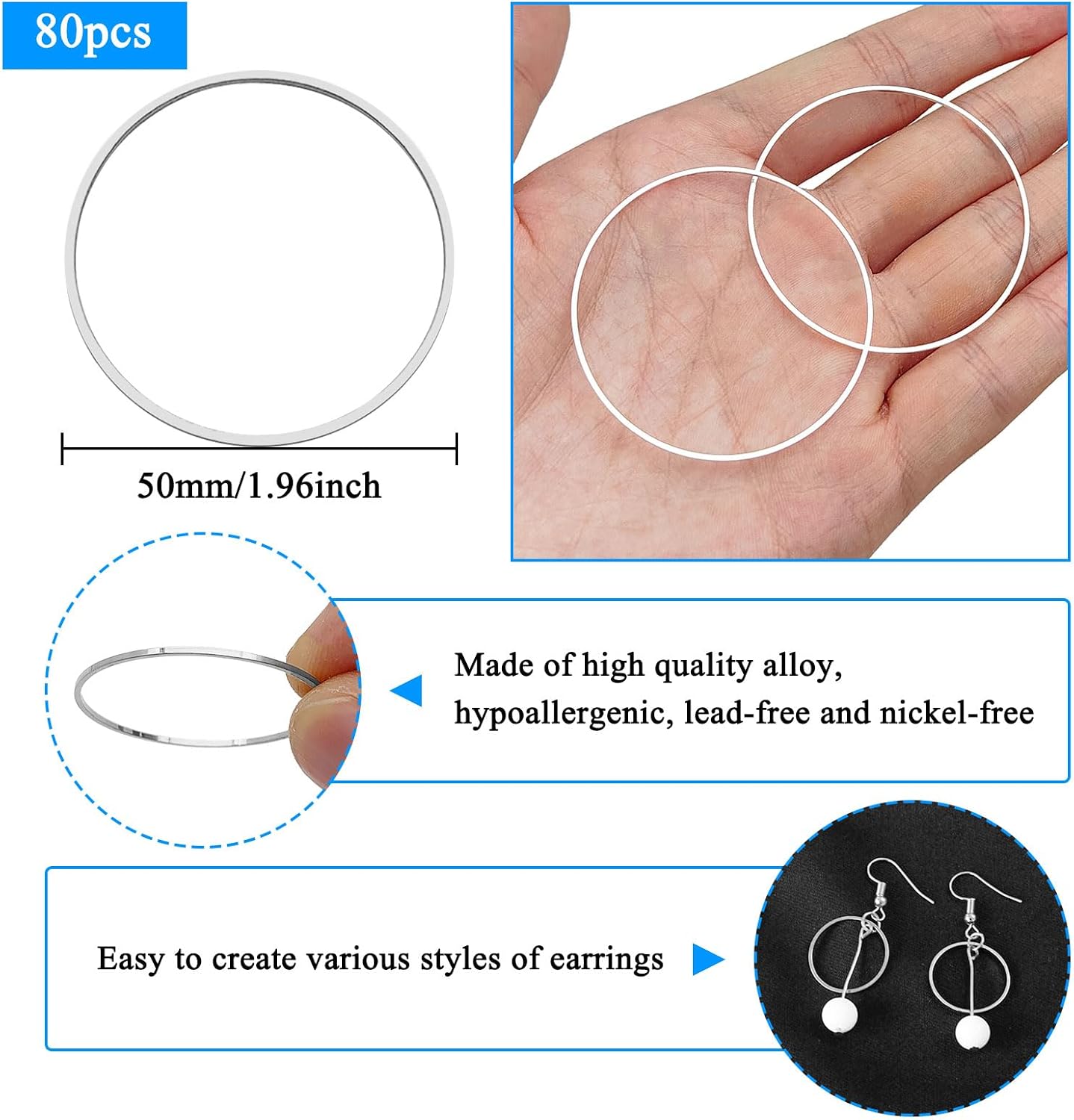 Ximalun 80Pcs Silver Earring Hoops, 50mm Round Circle Hoop Earring Findings for DIY Craft, Jewelry Making Supplies